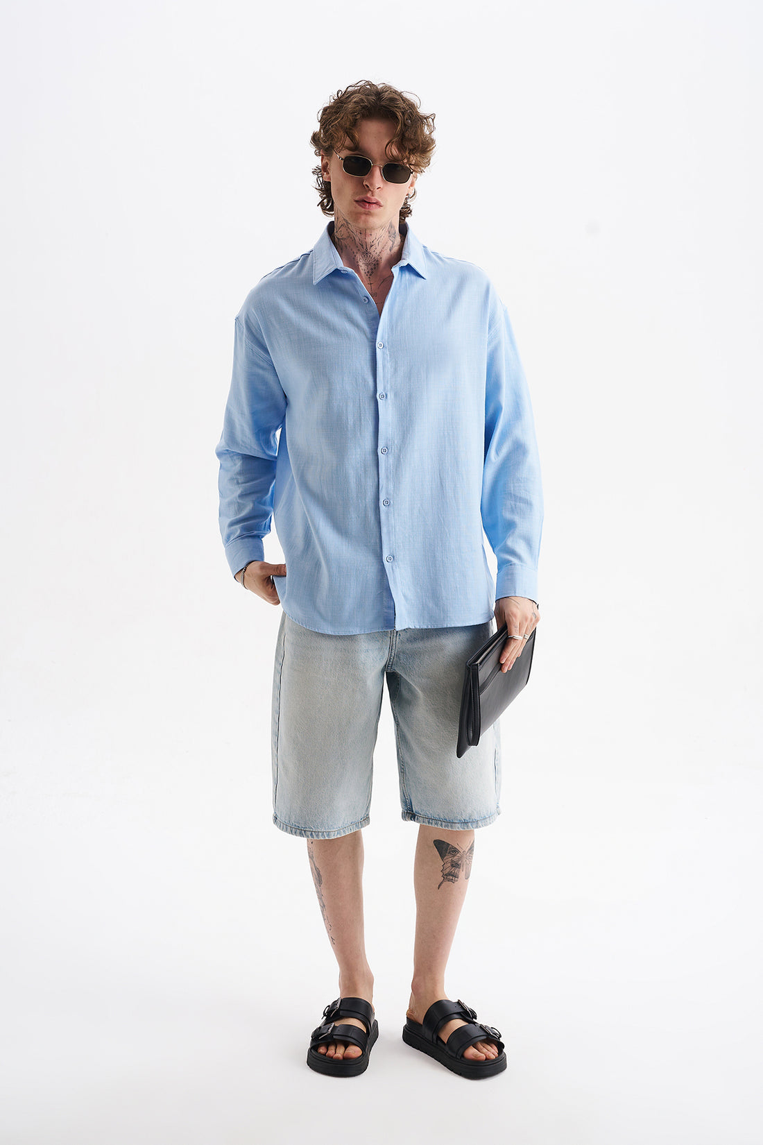 Keten Karışımlı %100 Pamuk Rahat Kalıp Düşük Omuz Erkek Sade Gömlek, Men's Plain Shirt