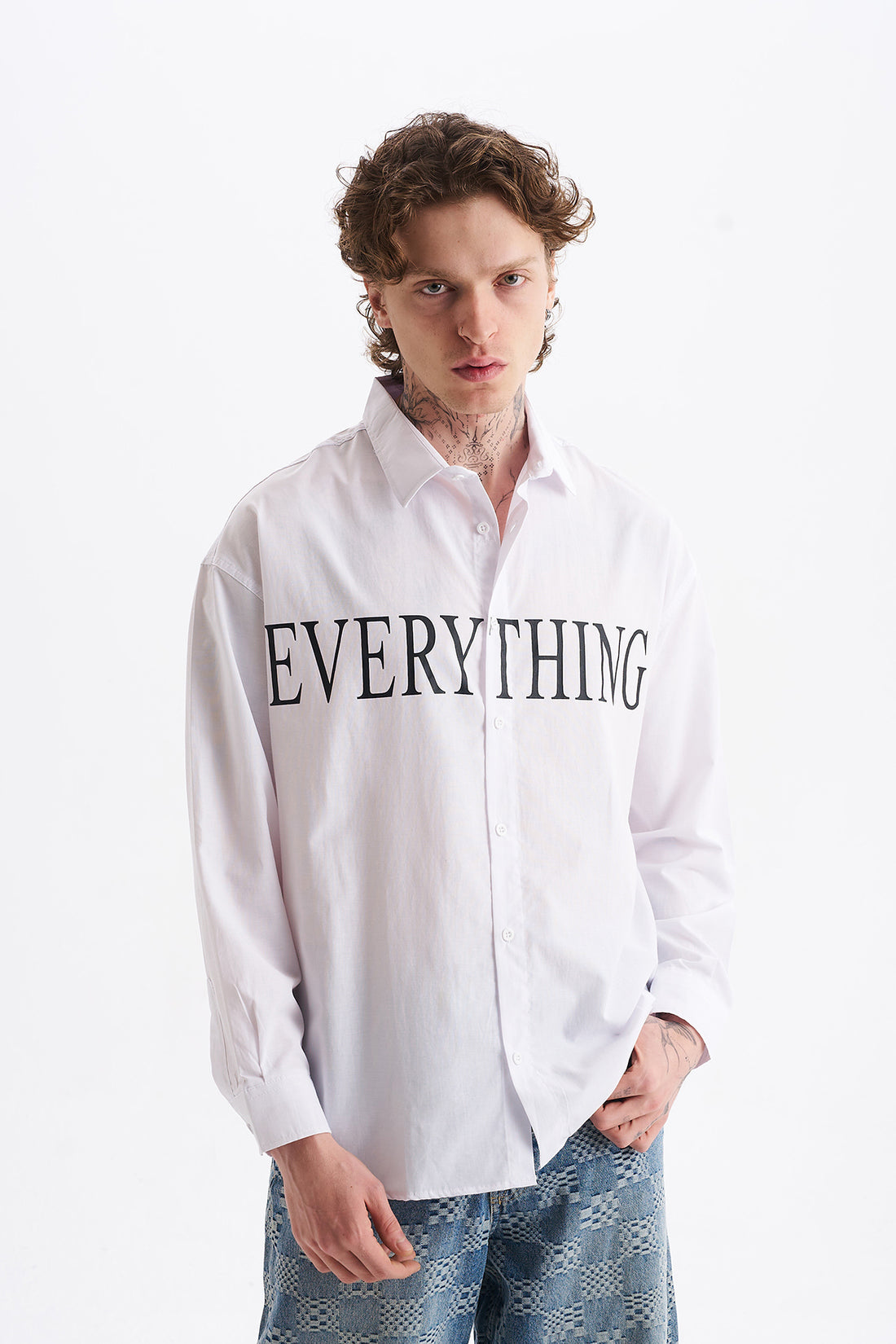 Poplin Kumaş, Rahat Kalıp Düşük Omuz, Erkek EVERYTHING Baskılı Gömlek, Men's Shirt