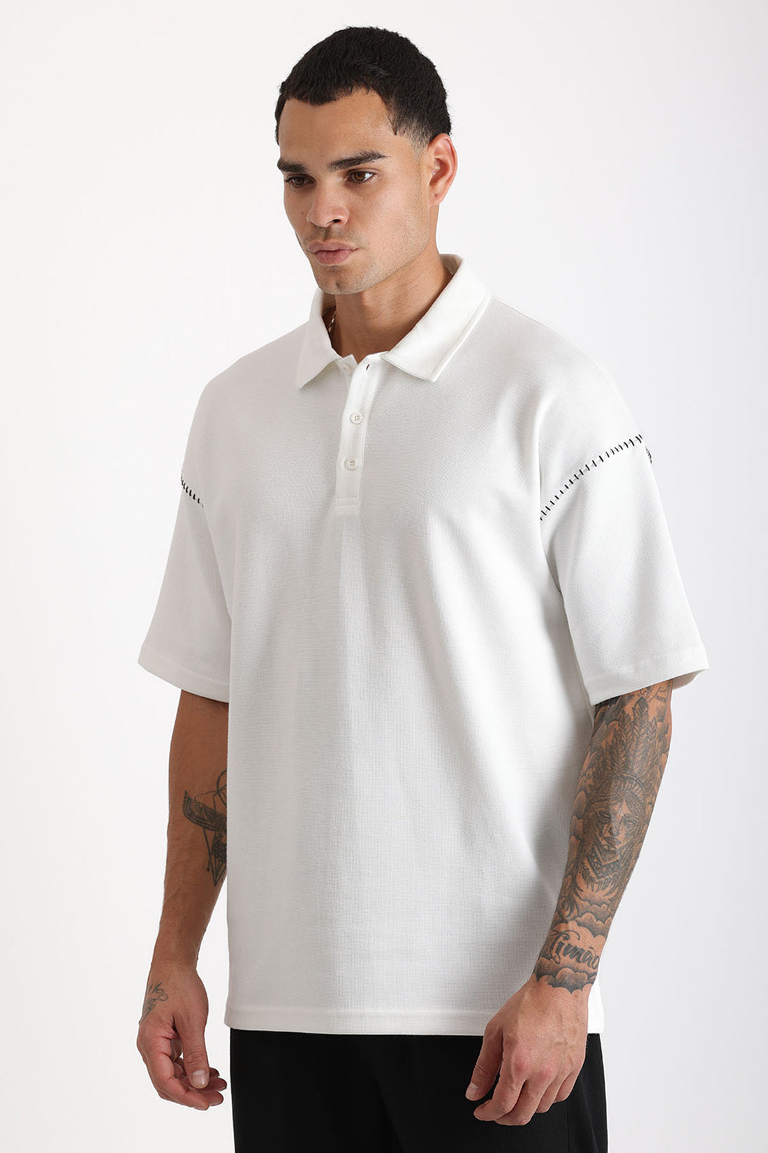 Omuz Çoban Dikiş Detaylı Double Pike Kumaş Loose Fit Erkek Polo Yaka Tişört