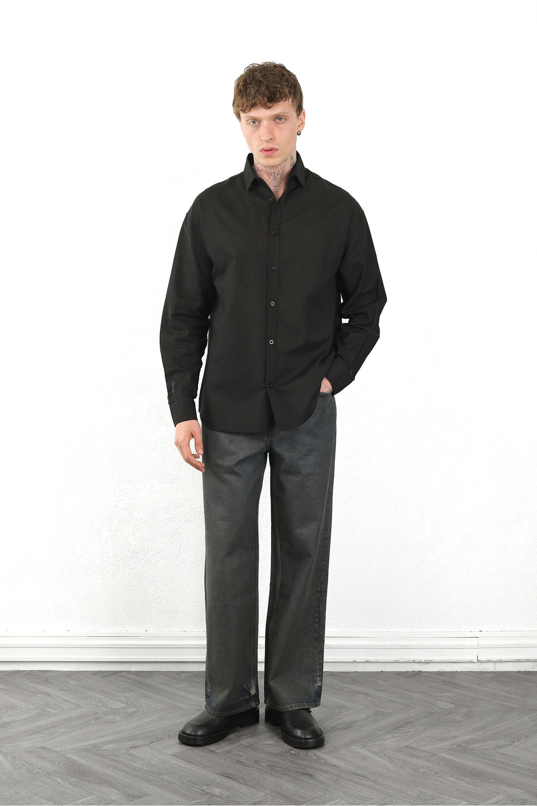 Keten Görünümlü %100 Pamuk Rahat Kalıp Düşük Omuz Erkek Sade Gömlek, Men's Plain Shirt