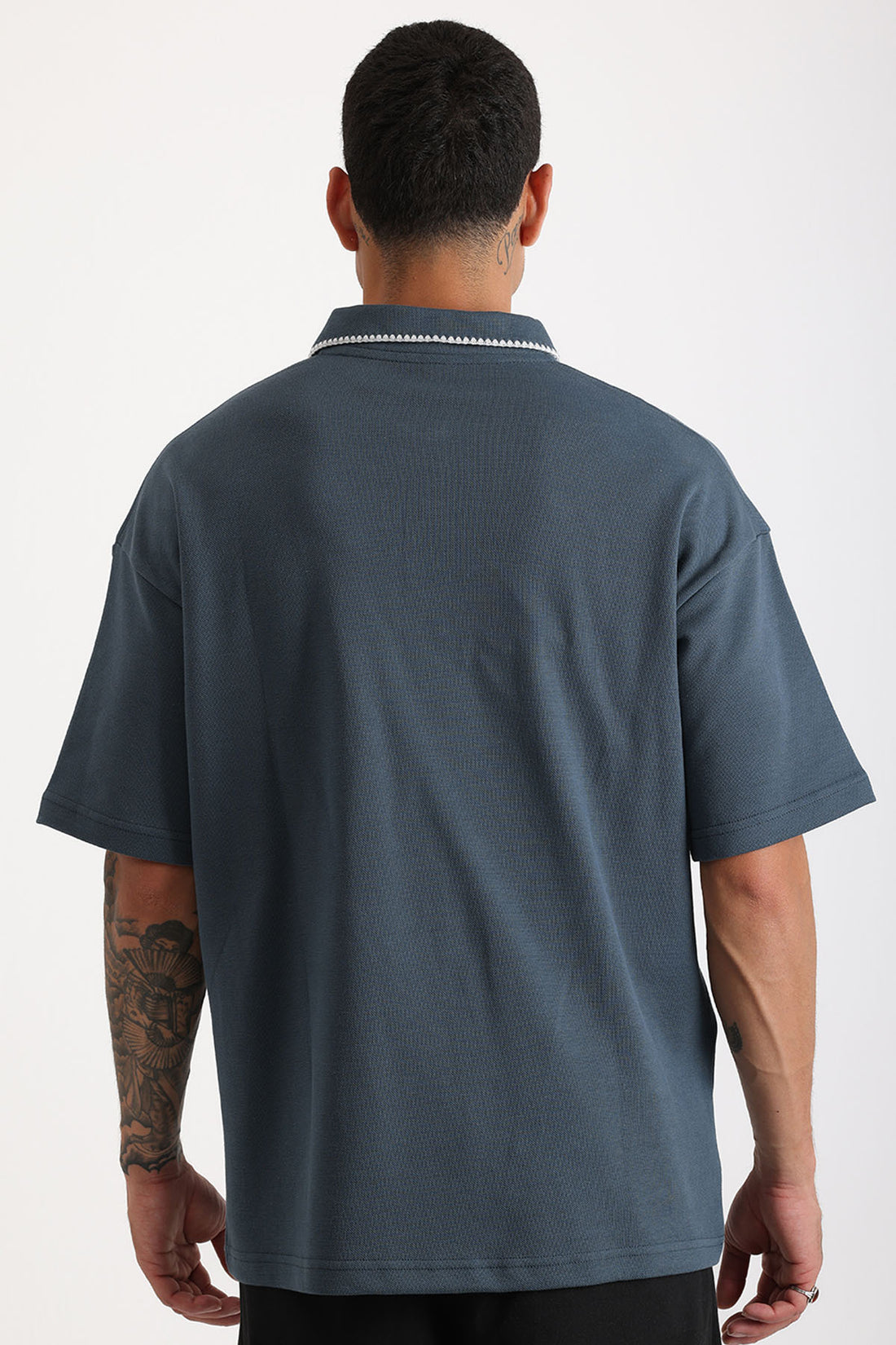 Yaka ve Cep Çoban Dikiş Detaylı Double Pike Kumaş Loose Fit Erkek Polo Yaka Tişört