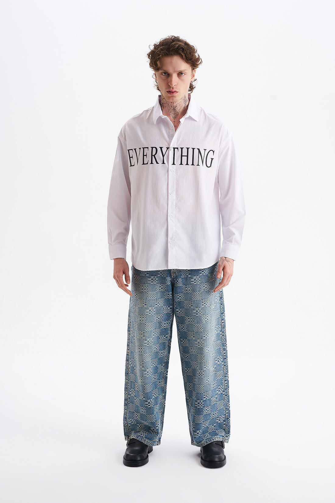 Poplin Kumaş, Rahat Kalıp Düşük Omuz, Erkek EVERYTHING Baskılı Gömlek, Men's Shirt