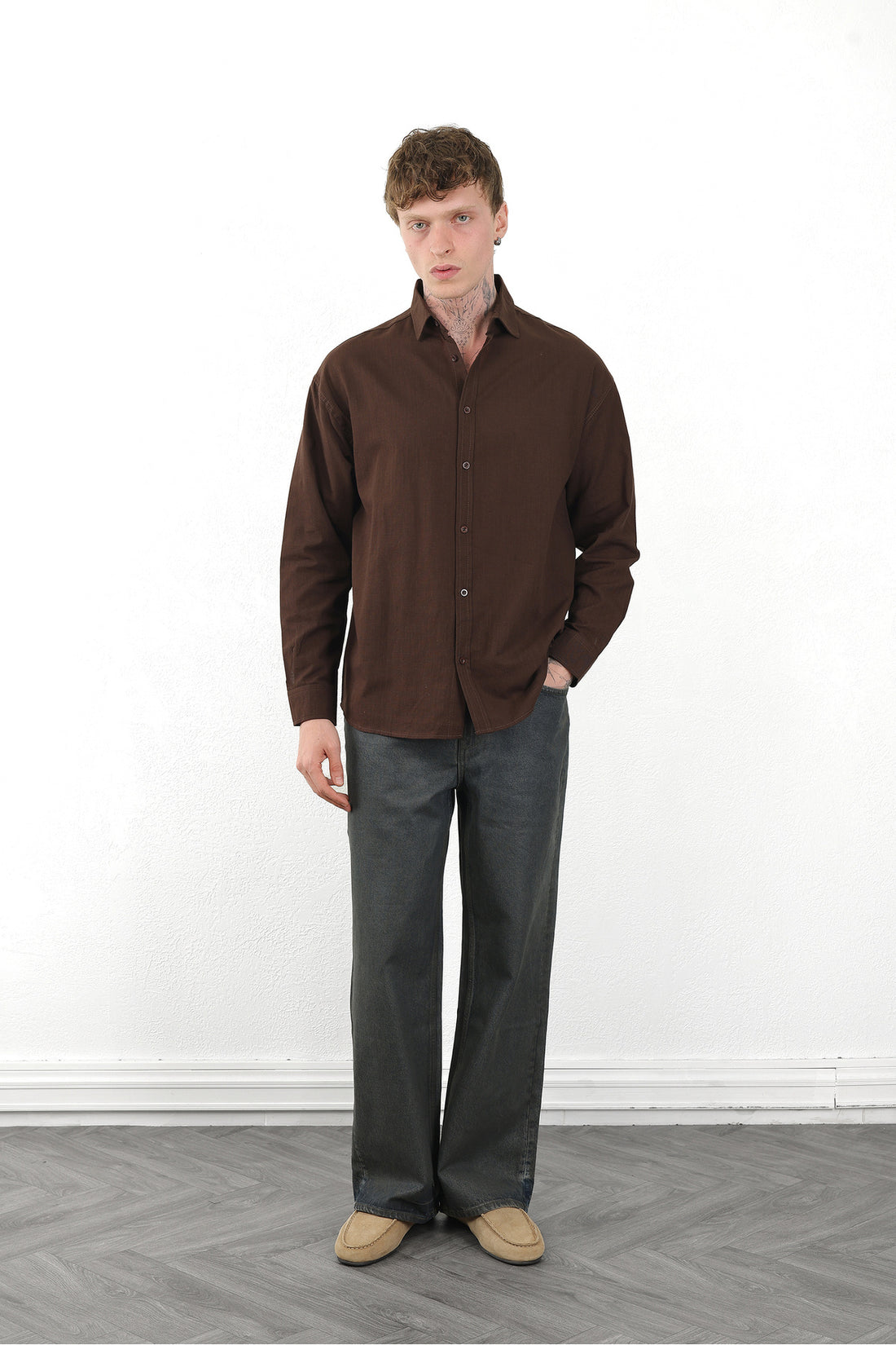 Keten Görünümlü %100 Pamuk Rahat Kalıp Düşük Omuz Erkek Sade Gömlek, Men's Plain Shirt