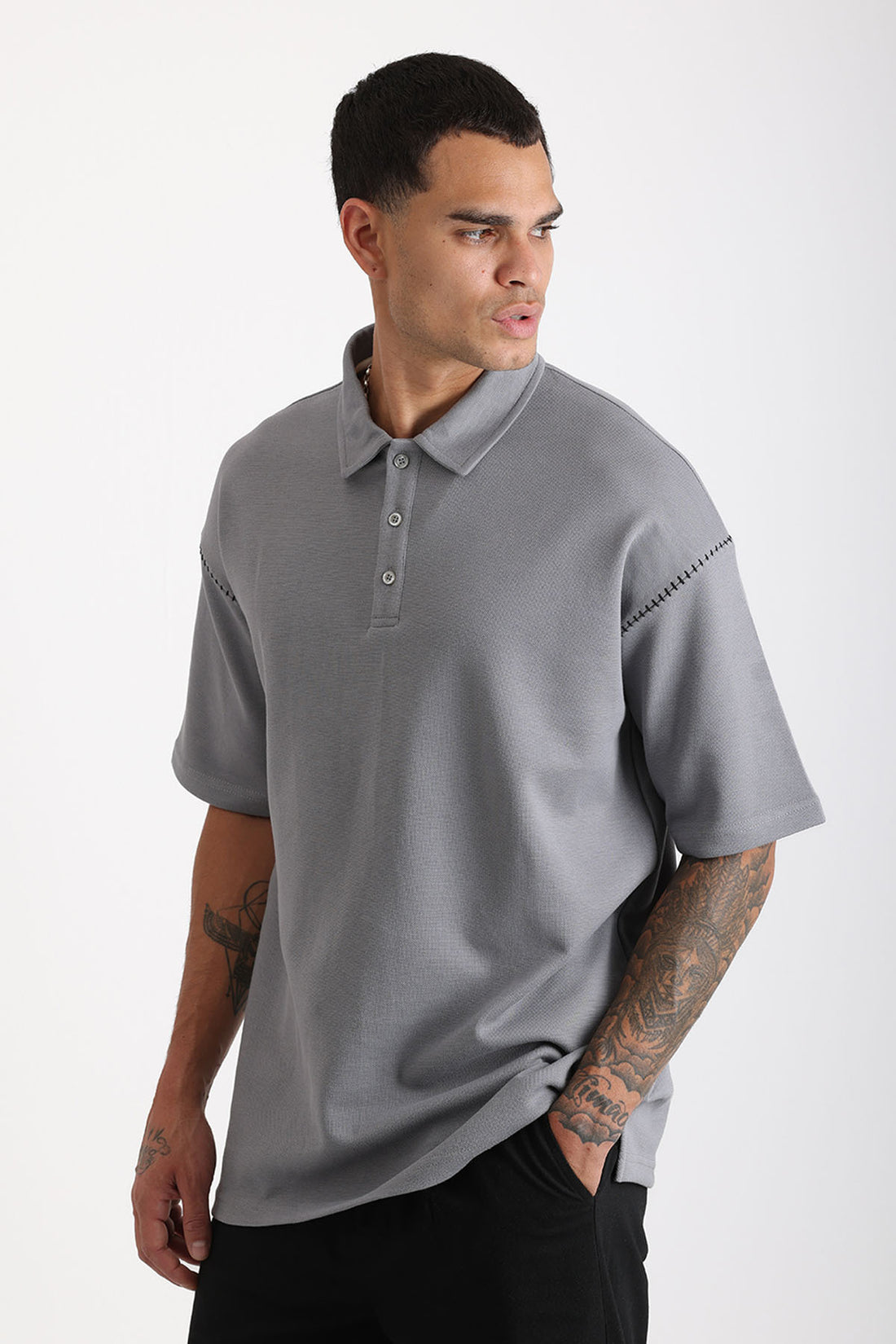 Omuz Çoban Dikiş Detaylı Double Pike Kumaş Loose Fit Erkek Polo Yaka Tişört