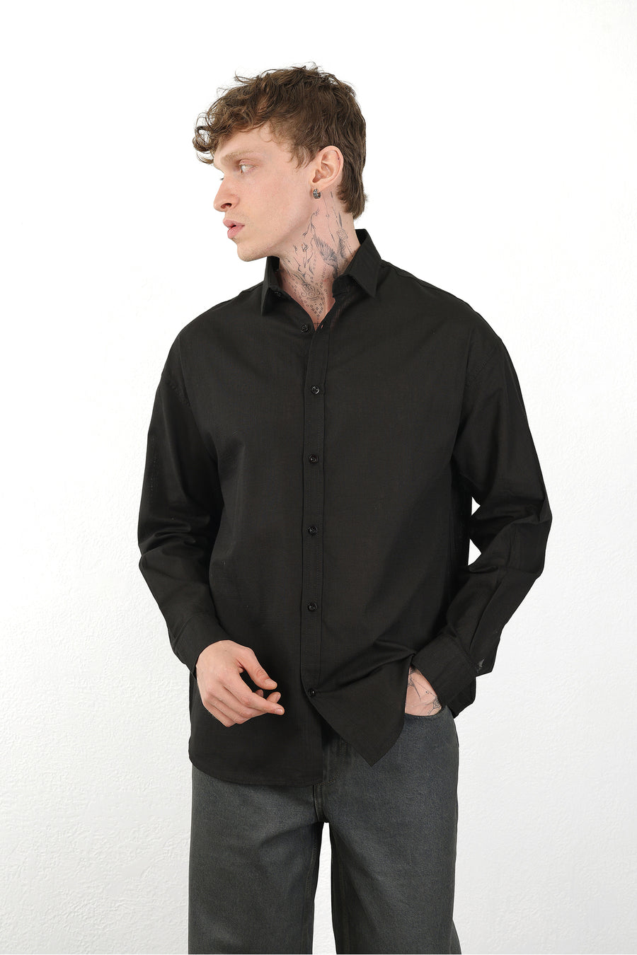 Keten Görünümlü %100 Pamuk Rahat Kalıp Düşük Omuz Erkek Sade Gömlek, Men's Plain Shirt