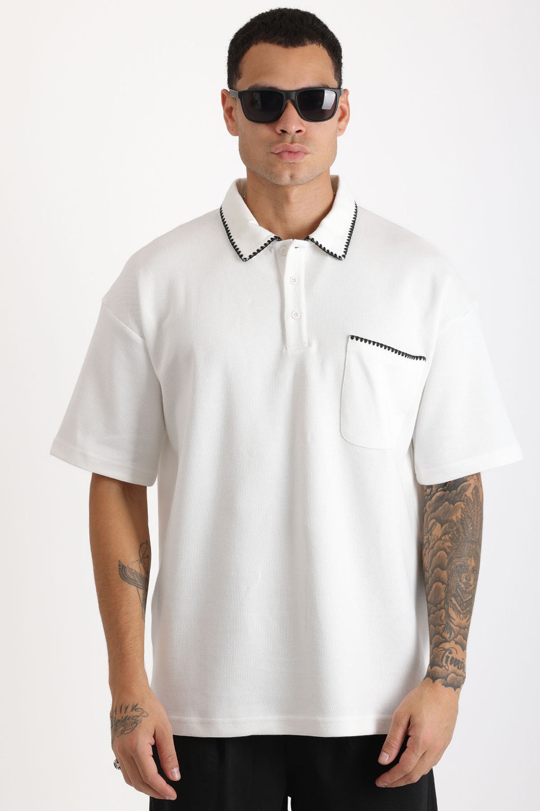 Yaka ve Cep Çoban Dikiş Detaylı Double Pike Kumaş Loose Fit Erkek Polo Yaka Tişört