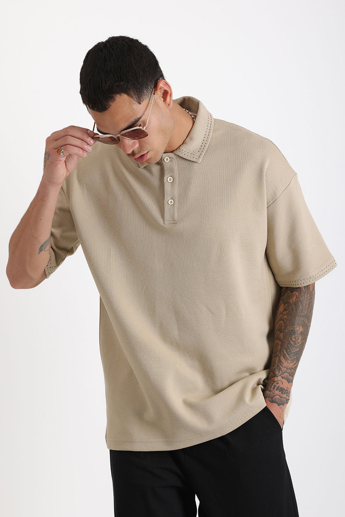 Yaka ve Kol Dikiş Detaylı Double Pike Kumaş Loose Fit Erkek Polo Yaka Tişört