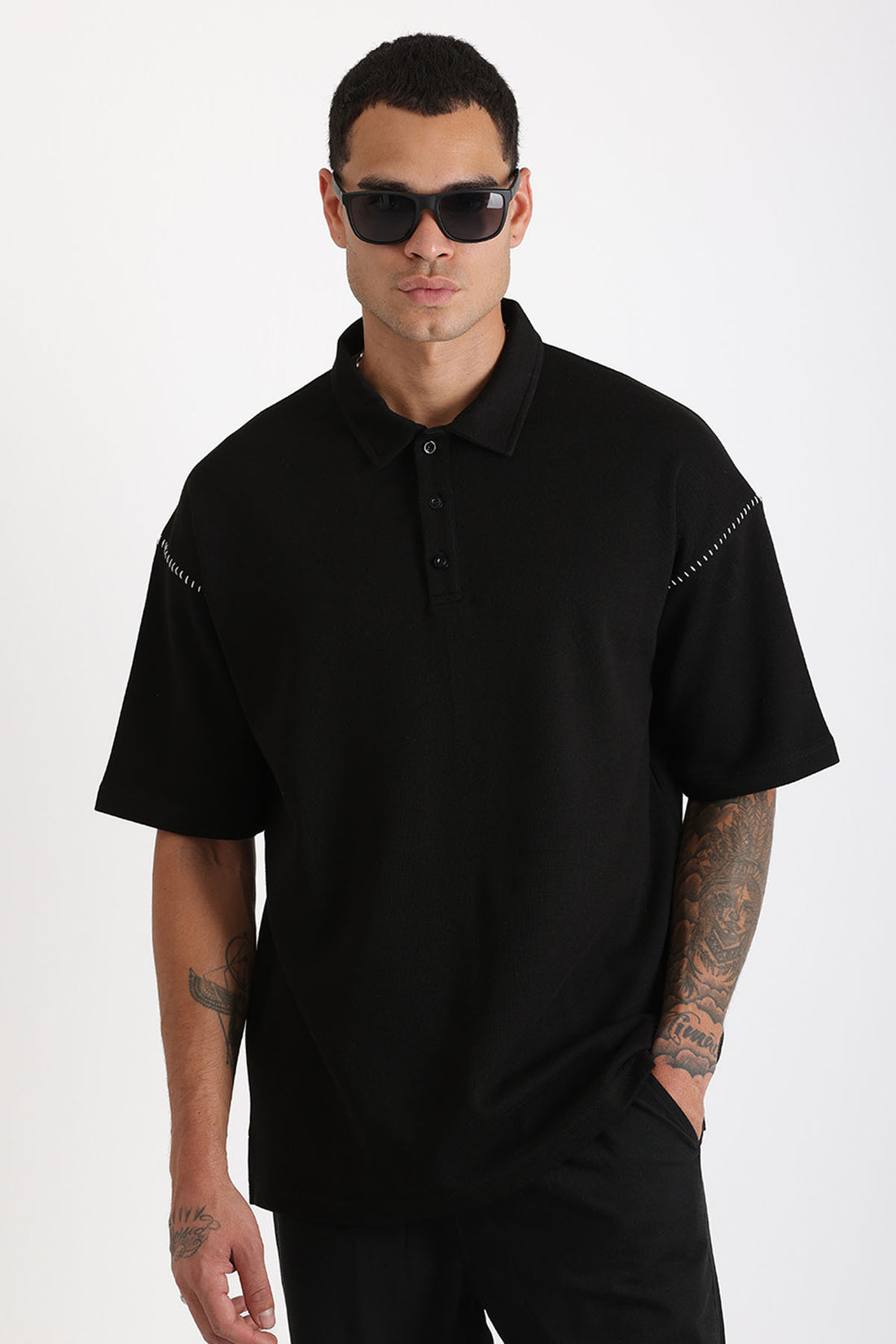 Omuz Çoban Dikiş Detaylı Double Pike Kumaş Loose Fit Erkek Polo Yaka Tişört
