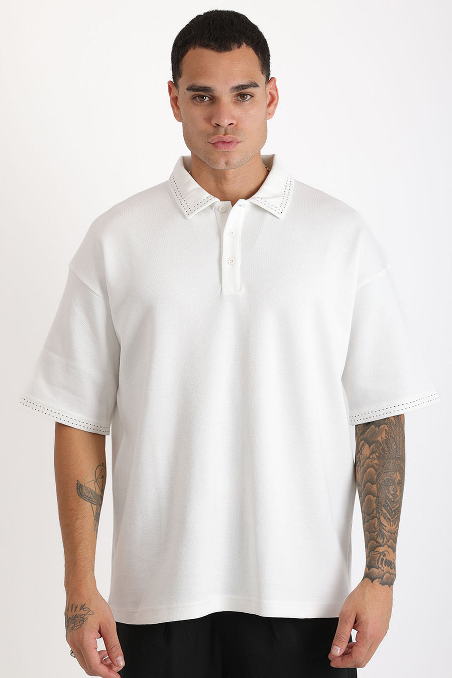 Yaka ve Kol Dikiş Detaylı Double Pike Kumaş Loose Fit Erkek Polo Yaka Tişört
