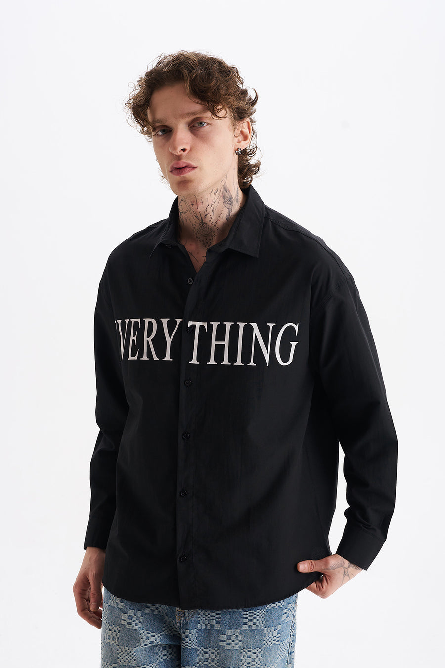 Poplin Kumaş, Rahat Kalıp Düşük Omuz, Erkek EVERYTHING Baskılı Gömlek, Men's Shirt