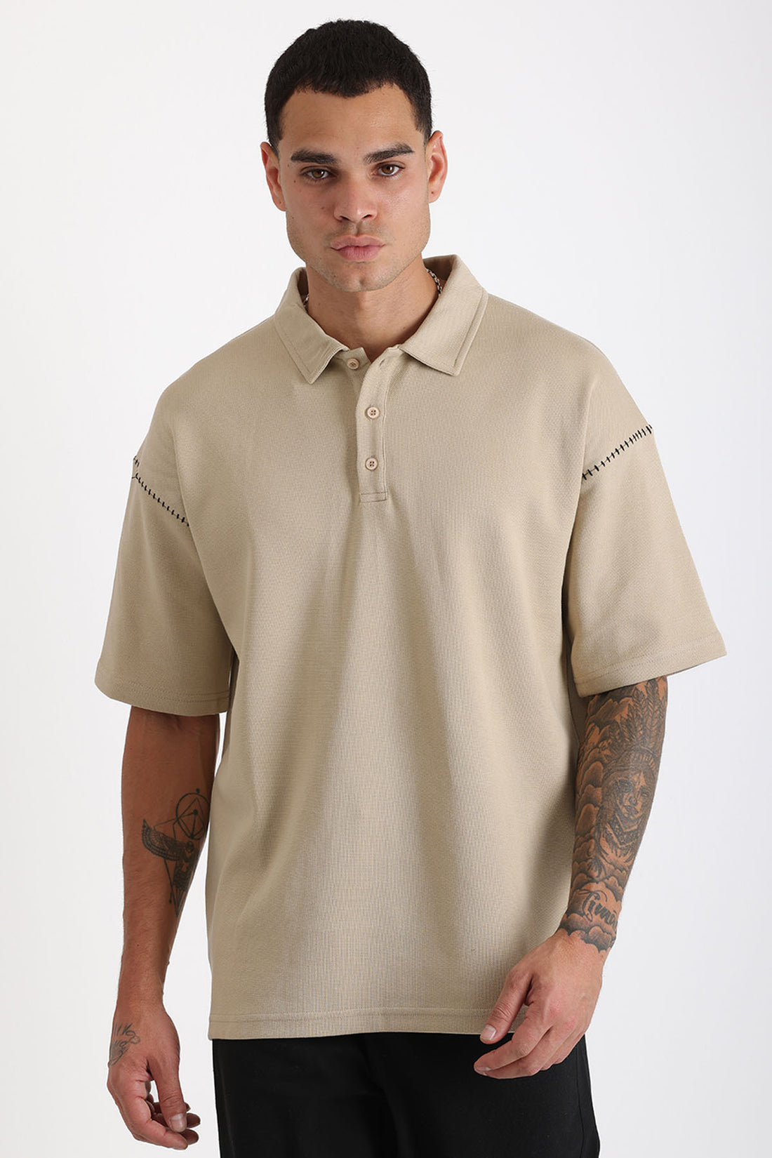 Omuz Çoban Dikiş Detaylı Double Pike Kumaş Loose Fit Erkek Polo Yaka Tişört