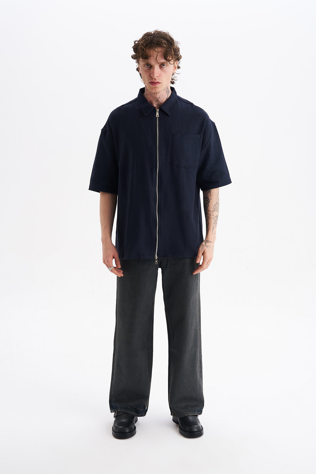 Keten Karışımlı, Rahat Kalıp, Düşük Omuz, Erkek Fermuar Kapamalı Sade Gömlek, Men's Plain Shirt