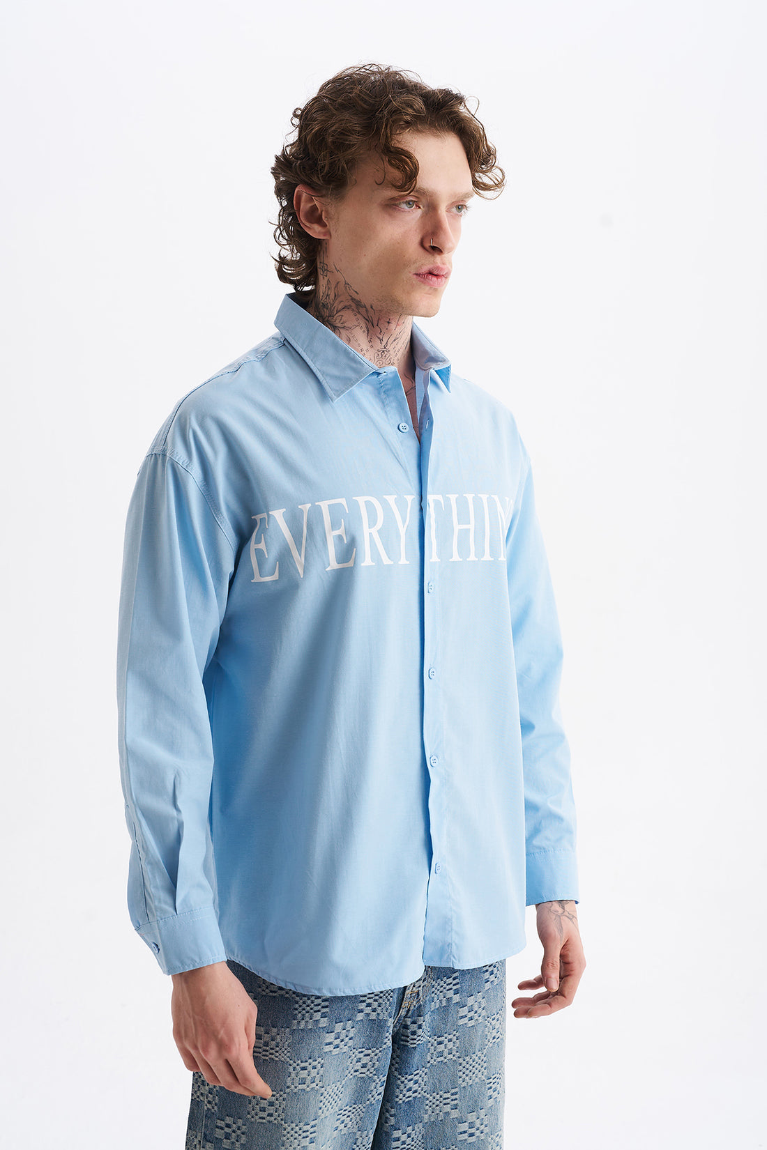 Poplin Kumaş, Rahat Kalıp Düşük Omuz, Erkek EVERYTHING Baskılı Gömlek, Men's Shirt