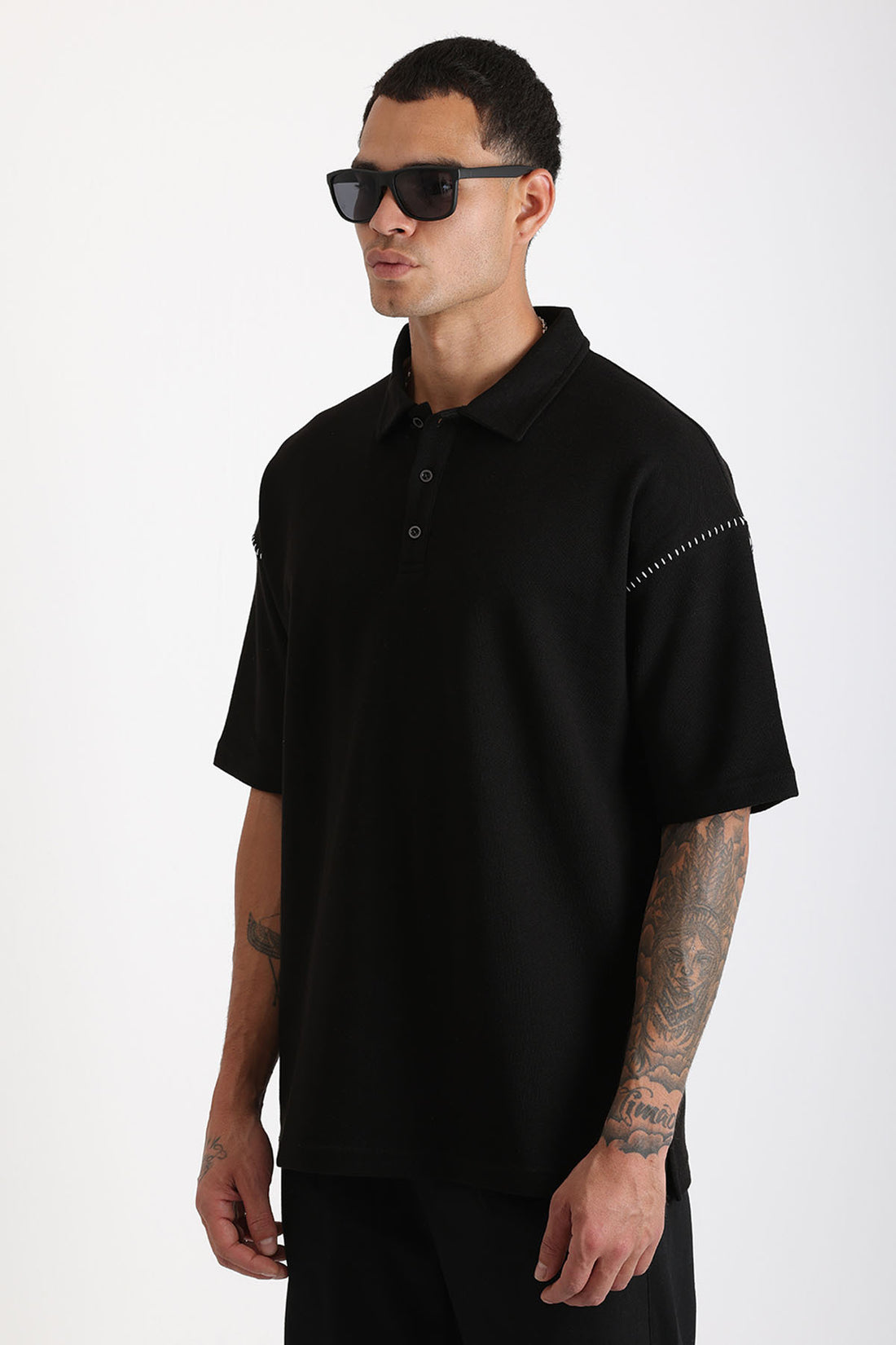 Omuz Çoban Dikiş Detaylı Double Pike Kumaş Loose Fit Erkek Polo Yaka Tişört