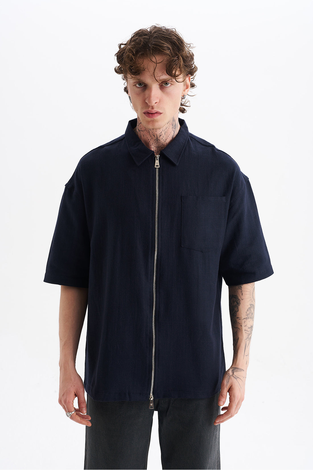 Keten Karışımlı, Rahat Kalıp, Düşük Omuz, Erkek Fermuar Kapamalı Sade Gömlek, Men's Plain Shirt