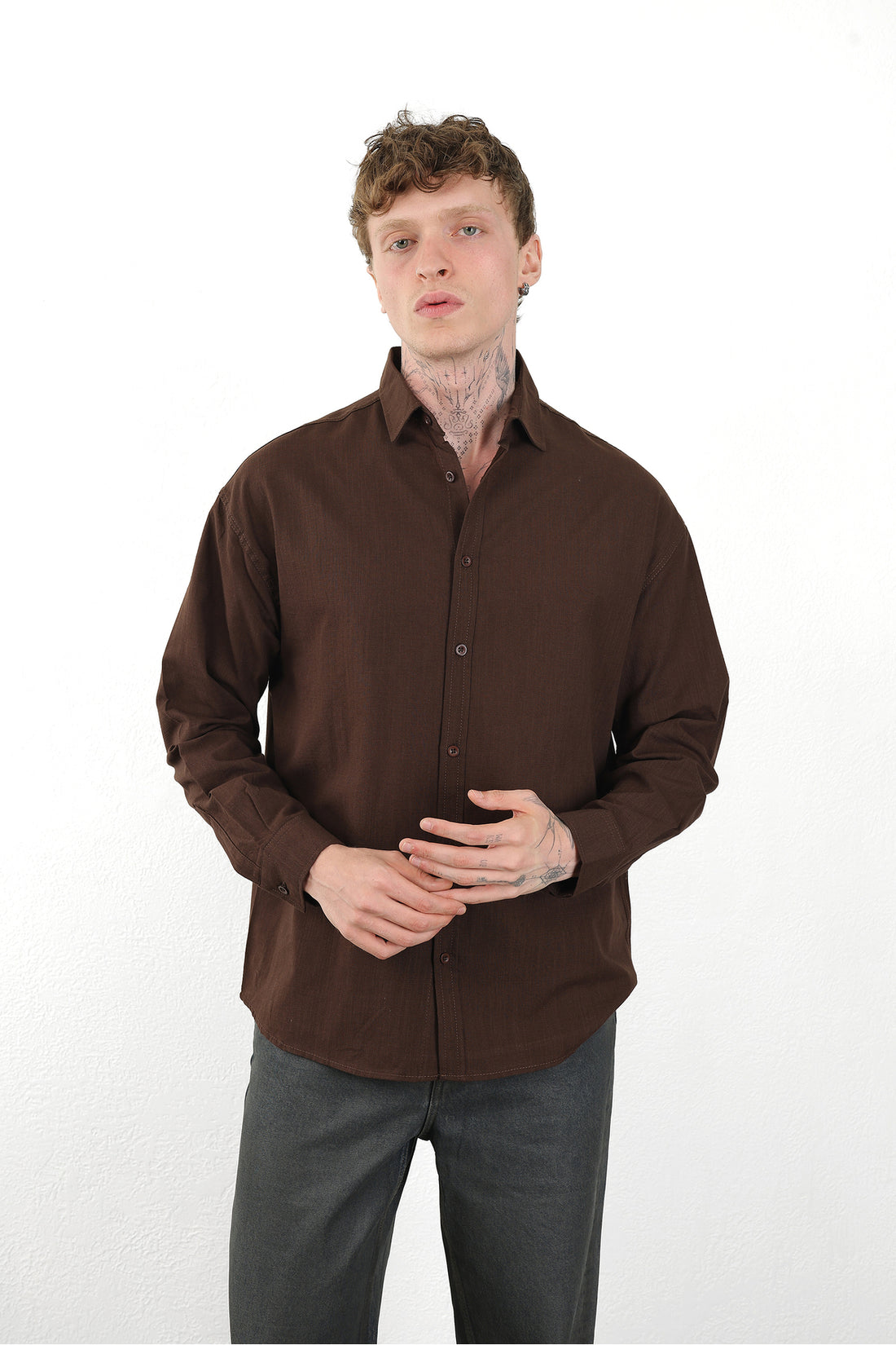 Keten Görünümlü %100 Pamuk Rahat Kalıp Düşük Omuz Erkek Sade Gömlek, Men's Plain Shirt