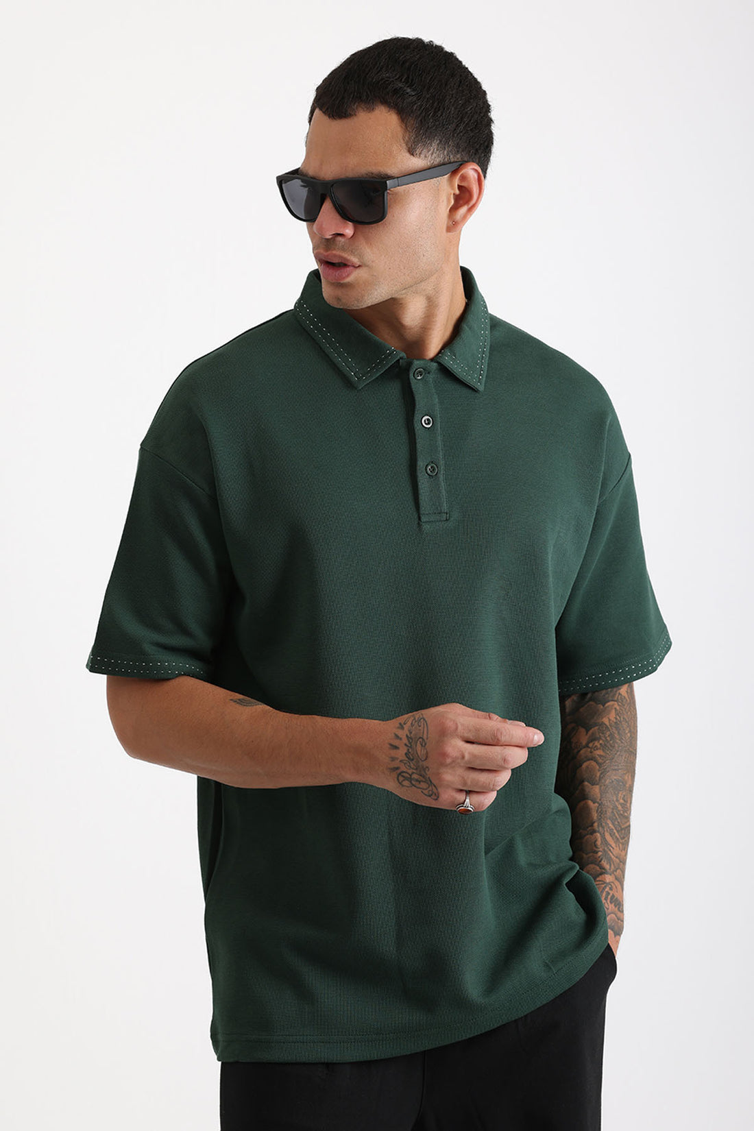 Yaka ve Kol Dikiş Detaylı Double Pike Kumaş Loose Fit Erkek Polo Yaka Tişört