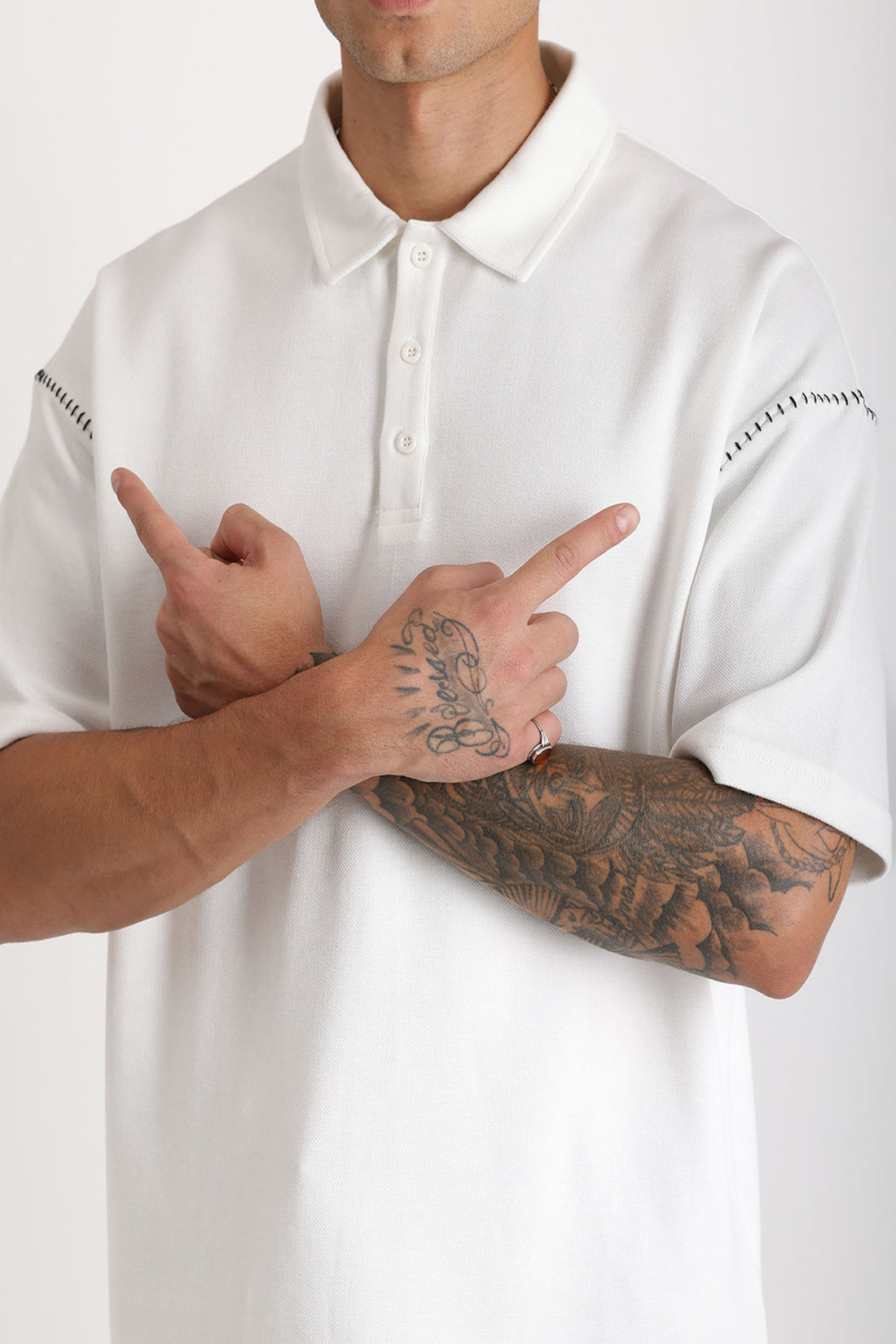 Omuz Çoban Dikiş Detaylı Double Pike Kumaş Loose Fit Erkek Polo Yaka Tişört