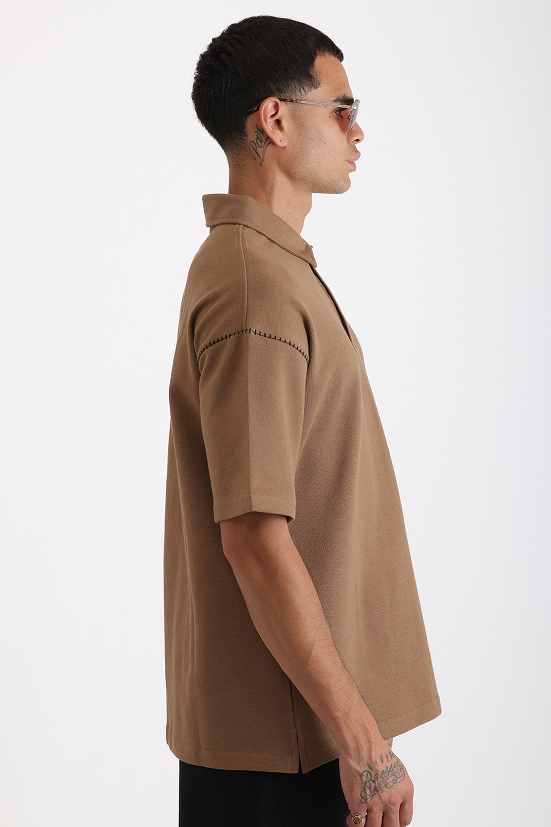 Omuz Çoban Dikiş Detaylı Double Pike Kumaş Loose Fit Erkek Polo Yaka Tişört