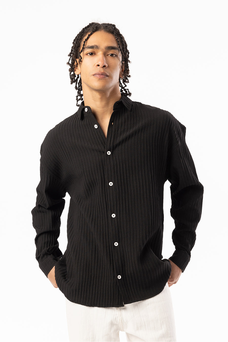 Kalın Örgülü Fitilli Kumaş Erkek Uzun Kollu Gömlek, Men's Long Sleeve Shirt