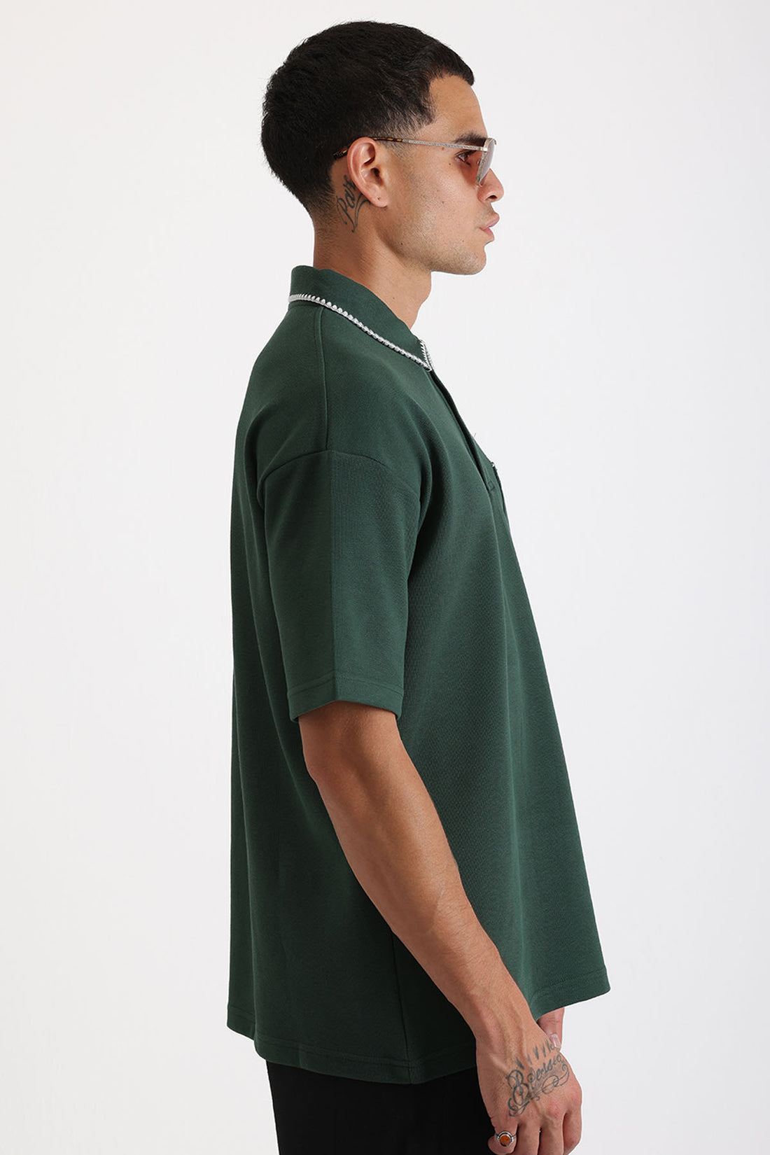 Yaka ve Cep Çoban Dikiş Detaylı Double Pike Kumaş Loose Fit Erkek Polo Yaka Tişört