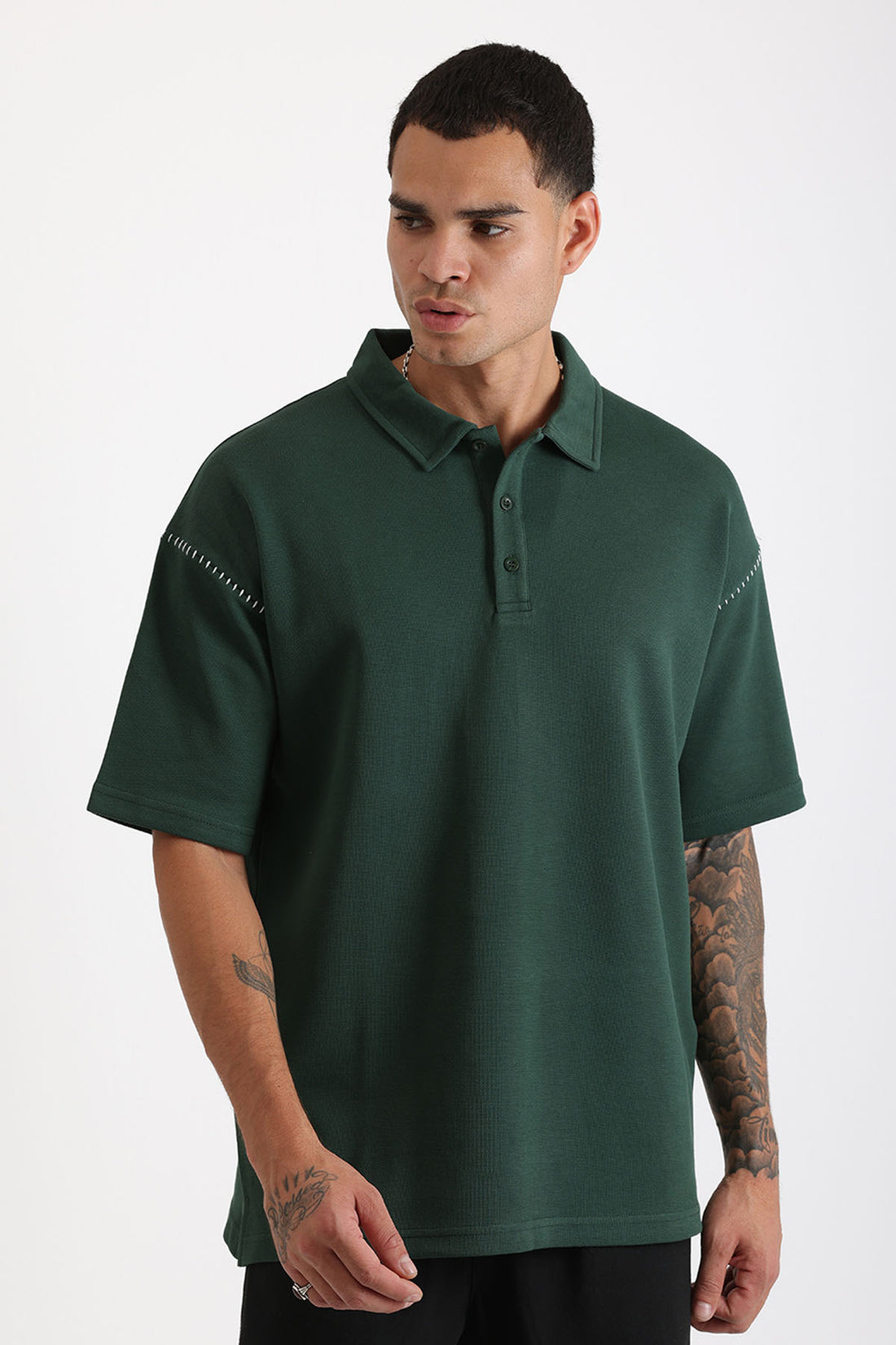Omuz Çoban Dikiş Detaylı Double Pike Kumaş Loose Fit Erkek Polo Yaka Tişört