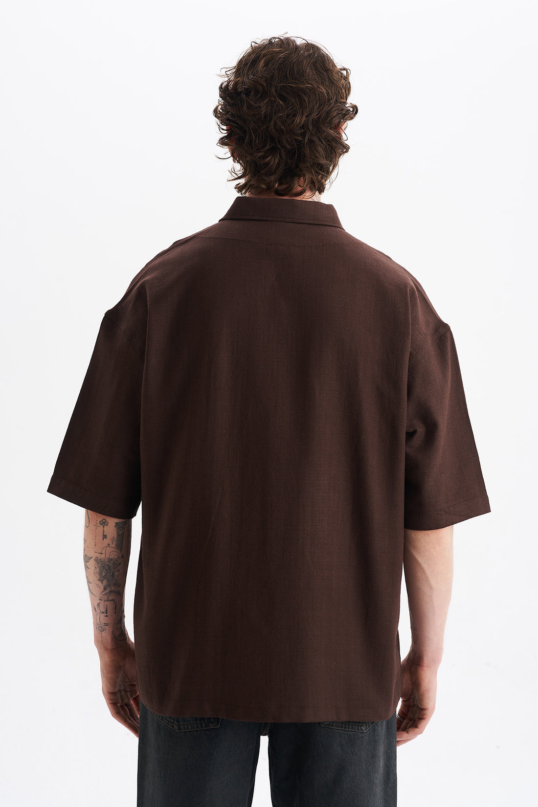 Keten Karışımlı, Rahat Kalıp, Düşük Omuz, Erkek Fermuar Kapamalı Sade Gömlek, Men's Plain Shirt