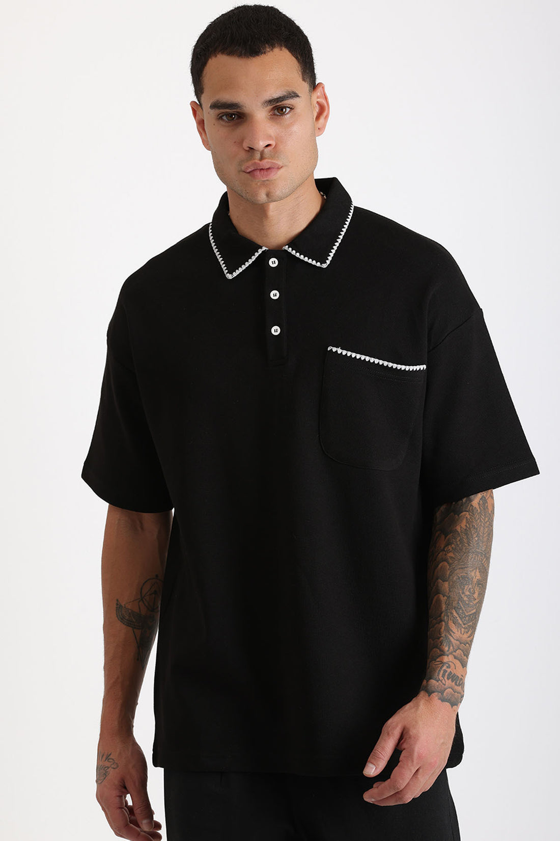 Yaka ve Cep Çoban Dikiş Detaylı Double Pike Kumaş Loose Fit Erkek Polo Yaka Tişört