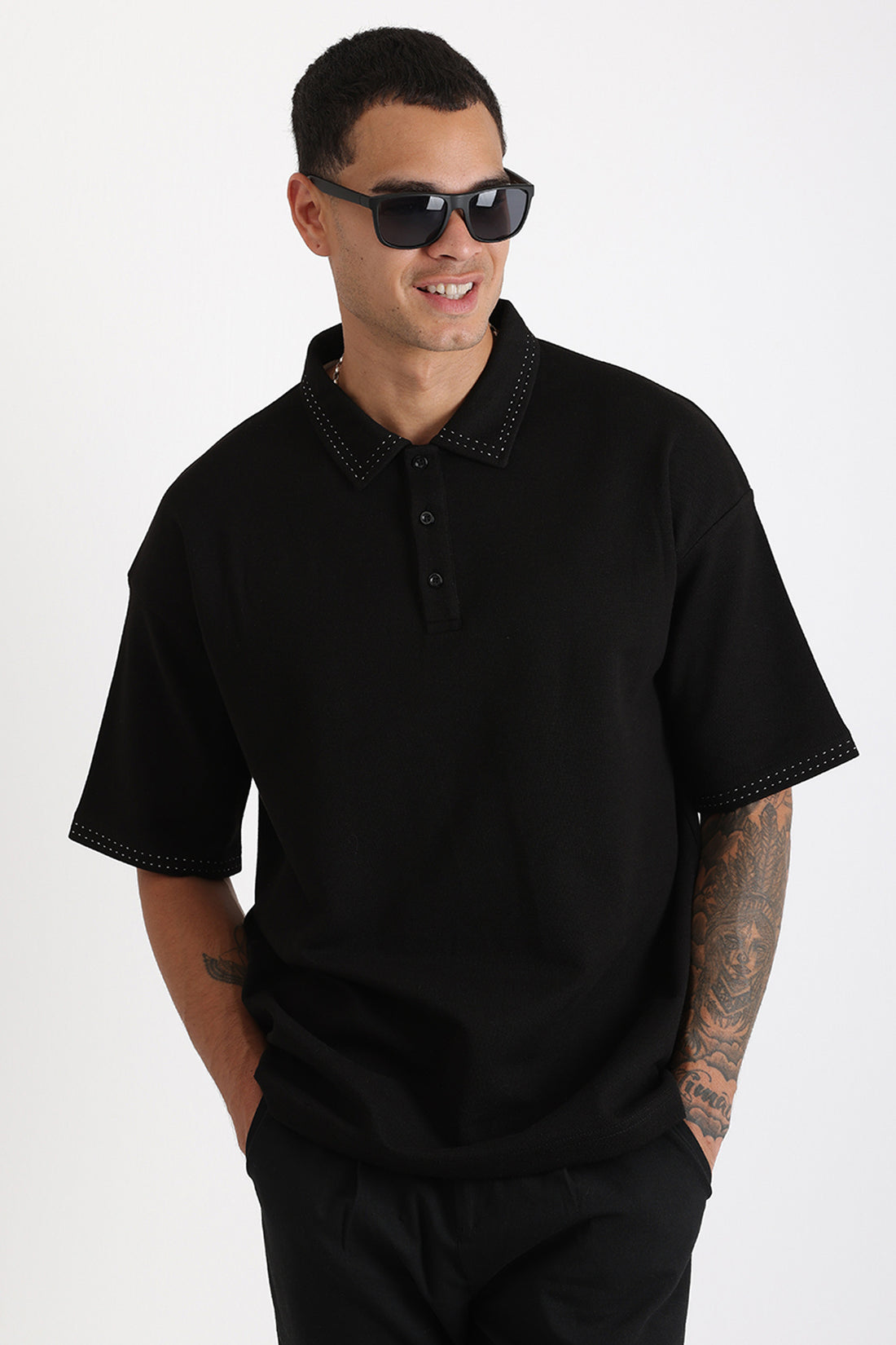 Yaka ve Kol Dikiş Detaylı Double Pike Kumaş Loose Fit Erkek Polo Yaka Tişört