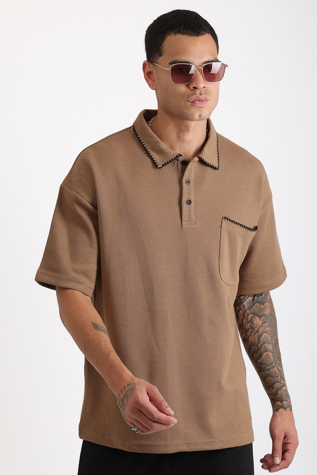 Yaka ve Cep Çoban Dikiş Detaylı Double Pike Kumaş Loose Fit Erkek Polo Yaka Tişört