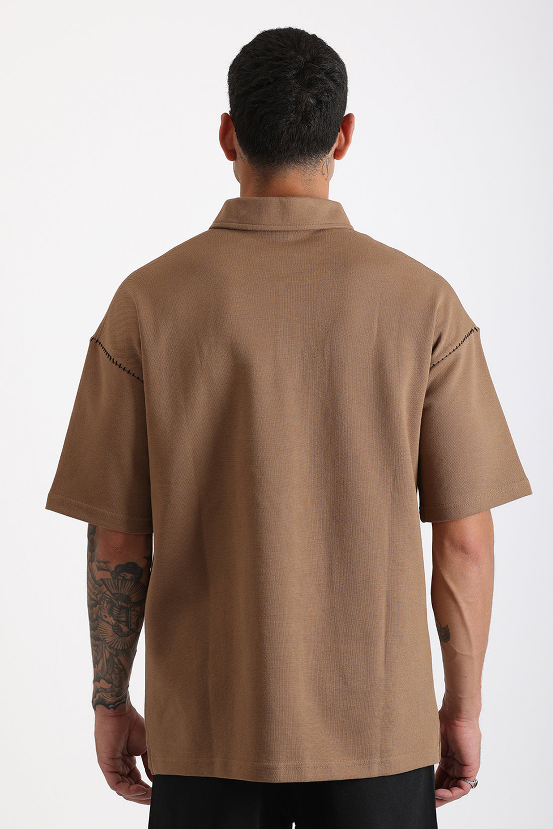 Omuz Çoban Dikiş Detaylı Double Pike Kumaş Loose Fit Erkek Polo Yaka Tişört
