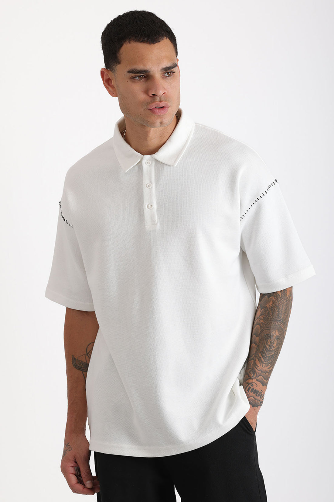 Omuz Çoban Dikiş Detaylı Double Pike Kumaş Loose Fit Erkek Polo Yaka Tişört