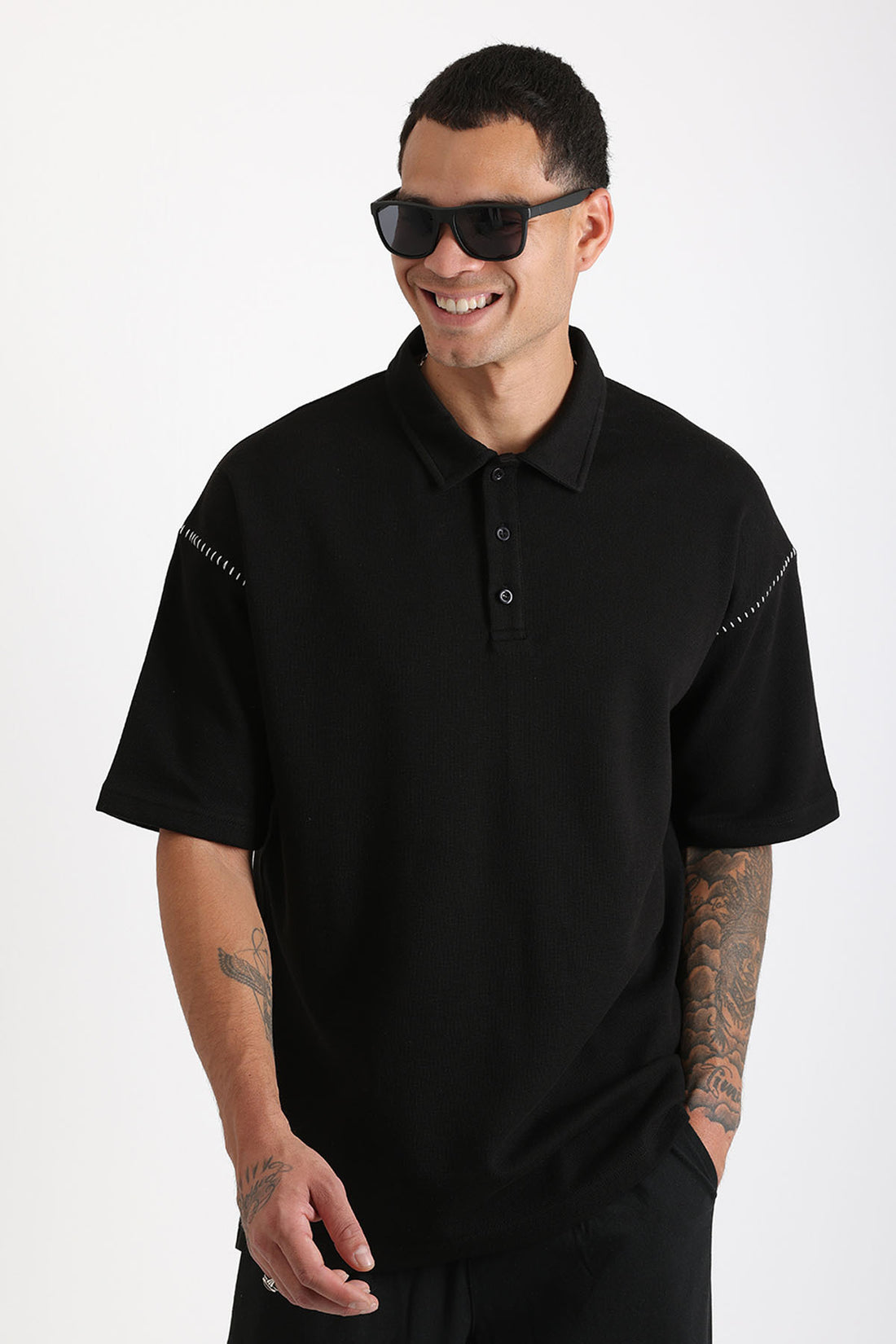 Omuz Çoban Dikiş Detaylı Double Pike Kumaş Loose Fit Erkek Polo Yaka Tişört