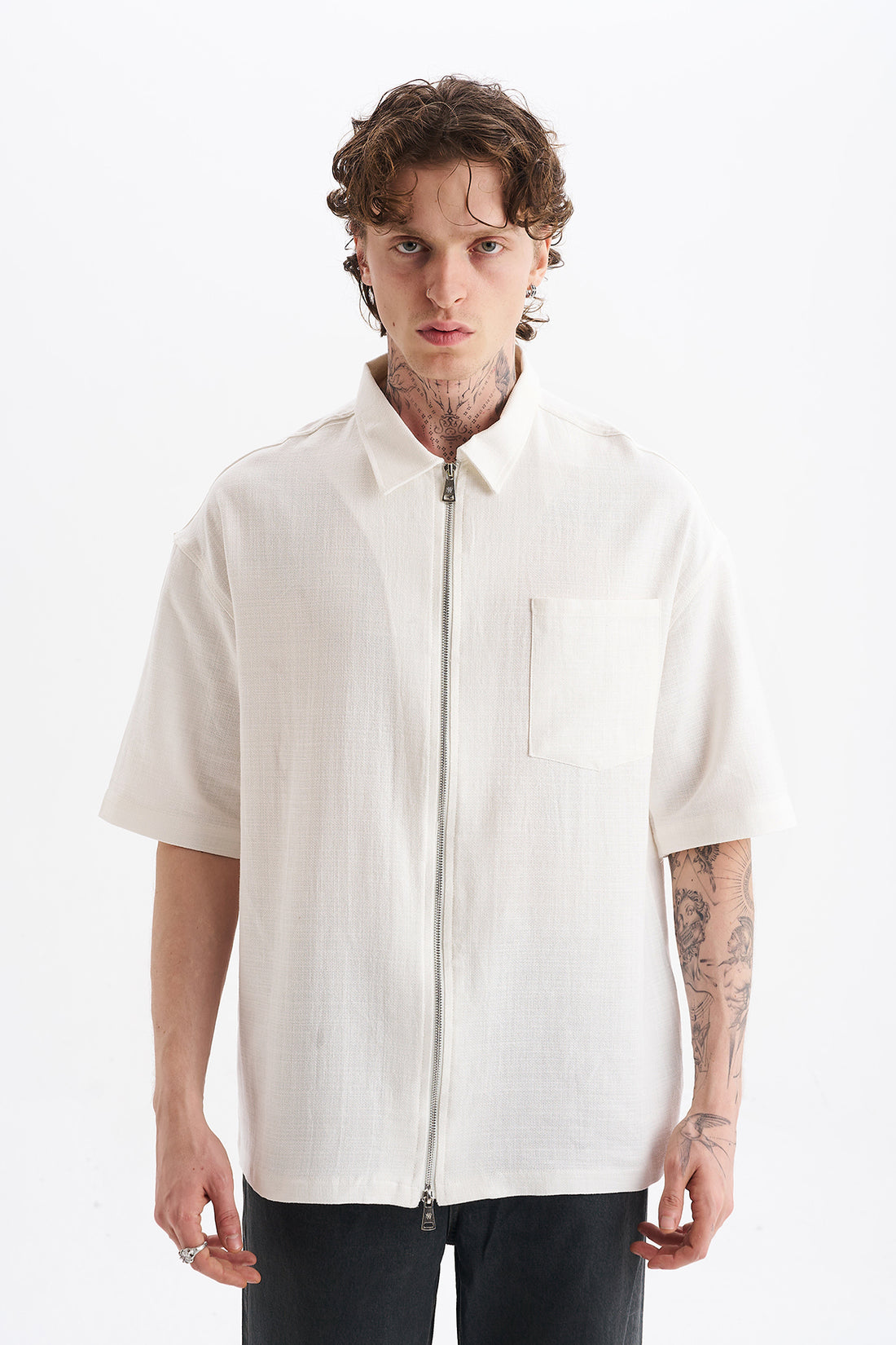 Keten Karışımlı, Rahat Kalıp, Düşük Omuz, Erkek Fermuar Kapamalı Sade Gömlek, Men's Plain Shirt