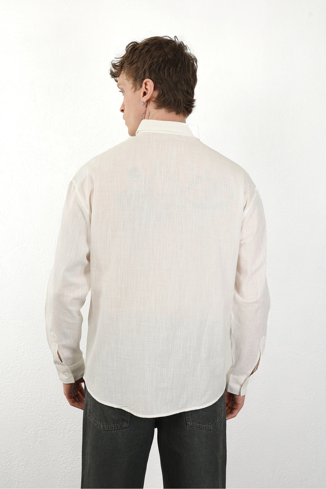 Keten Görünümlü %100 Pamuk Rahat Kalıp Düşük Omuz Erkek Sade Gömlek, Men's Plain Shirt