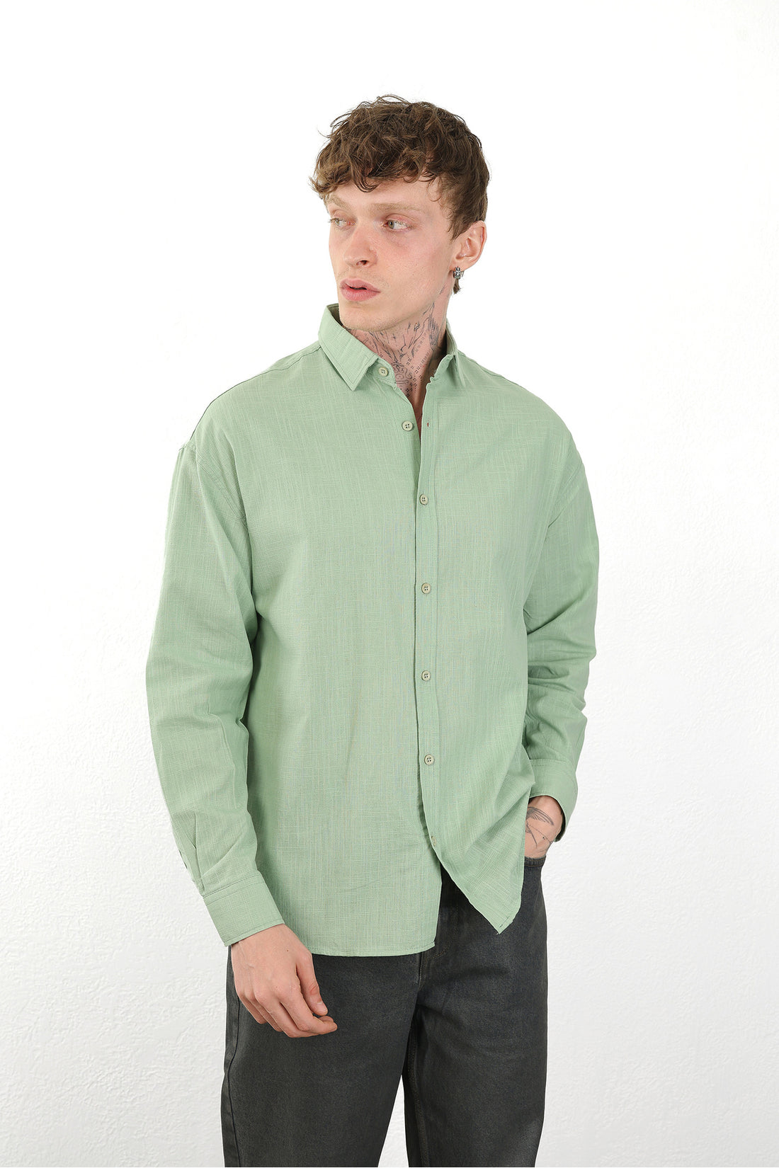 Keten Görünümlü %100 Pamuk Rahat Kalıp Düşük Omuz Erkek Sade Gömlek, Men's Plain Shirt