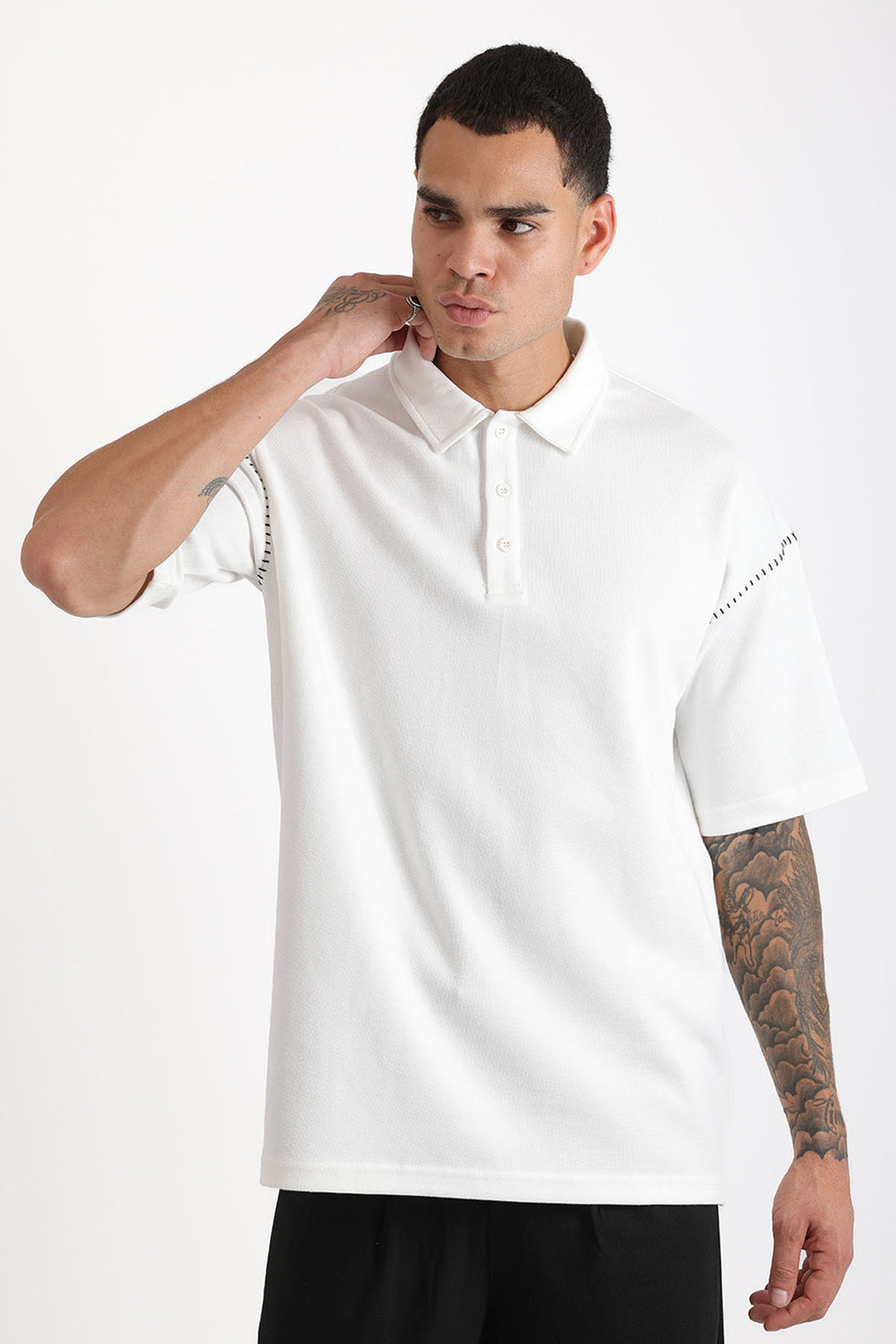 Omuz Çoban Dikiş Detaylı Double Pike Kumaş Loose Fit Erkek Polo Yaka Tişört