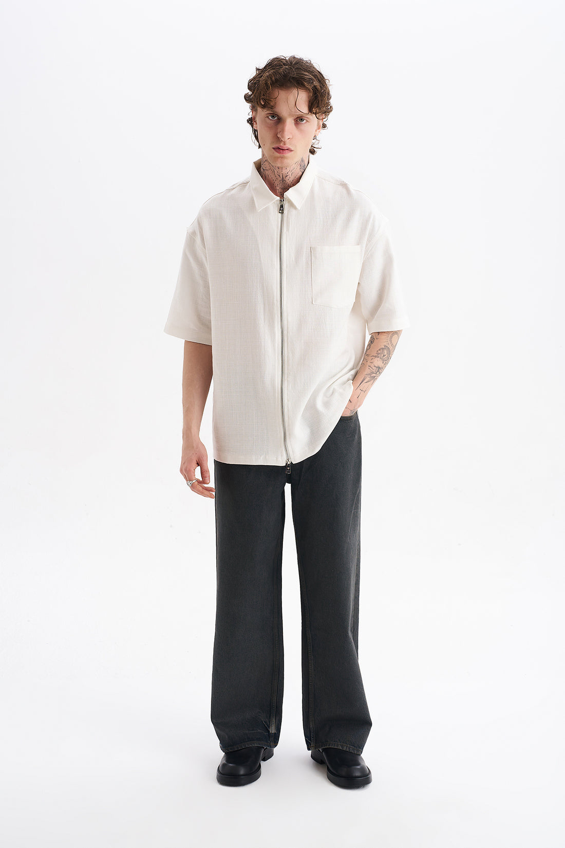 Keten Karışımlı, Rahat Kalıp, Düşük Omuz, Erkek Fermuar Kapamalı Sade Gömlek, Men's Plain Shirt