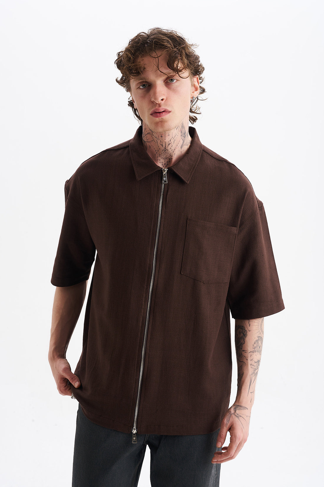 Keten Karışımlı, Rahat Kalıp, Düşük Omuz, Erkek Fermuar Kapamalı Sade Gömlek, Men's Plain Shirt