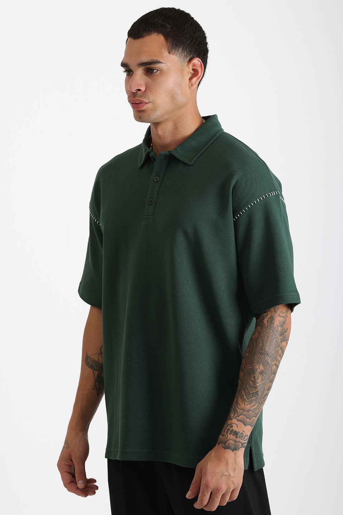 Omuz Çoban Dikiş Detaylı Double Pike Kumaş Loose Fit Erkek Polo Yaka Tişört