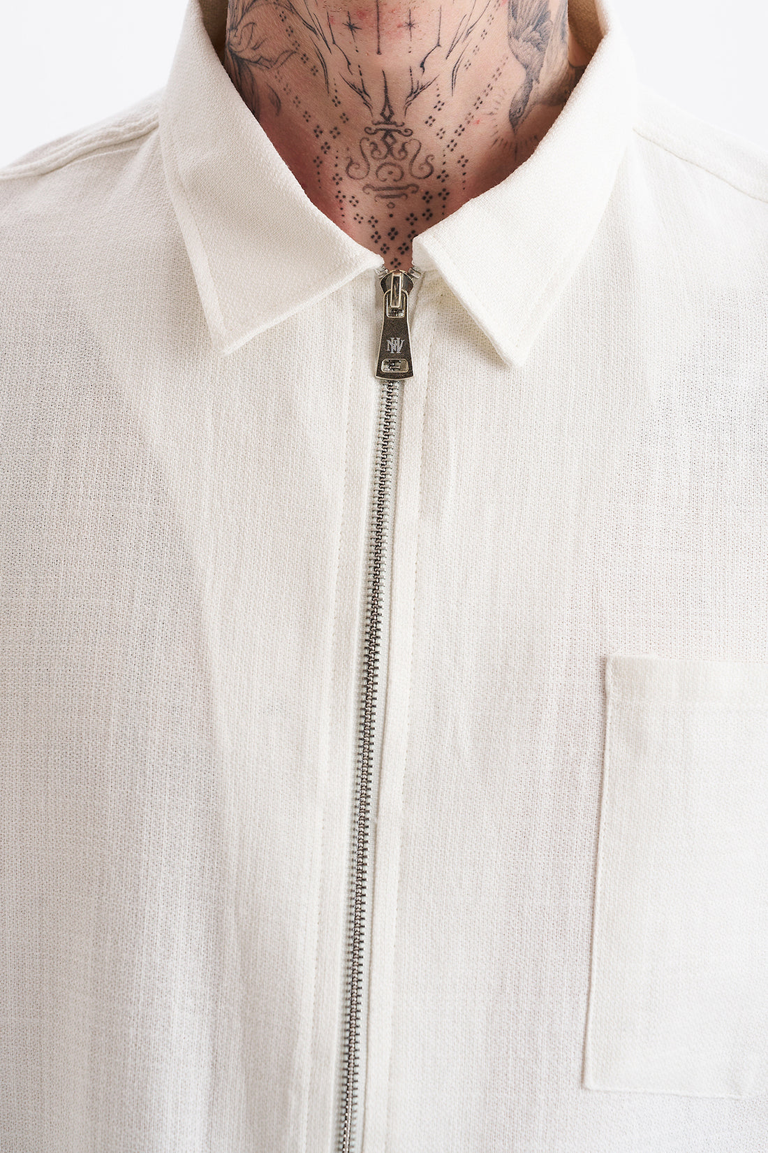 Keten Karışımlı, Rahat Kalıp, Düşük Omuz, Erkek Fermuar Kapamalı Sade Gömlek, Men's Plain Shirt