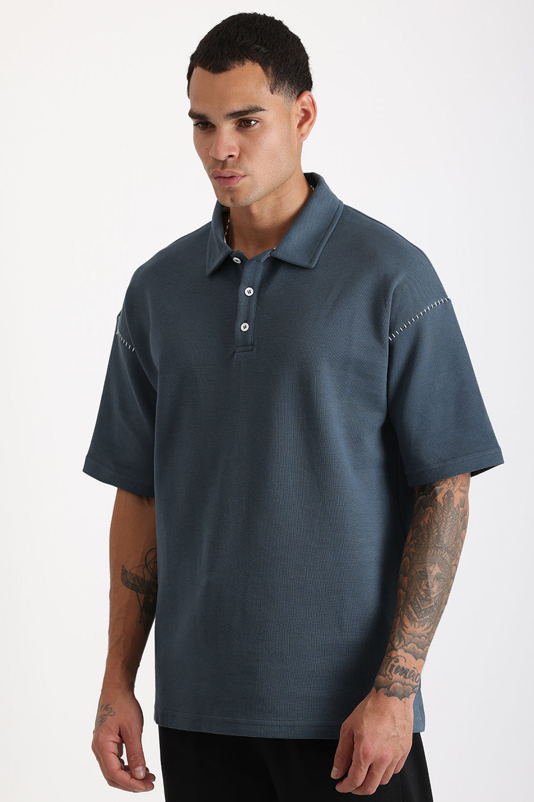 Omuz Çoban Dikiş Detaylı Double Pike Kumaş Loose Fit Erkek Polo Yaka Tişört