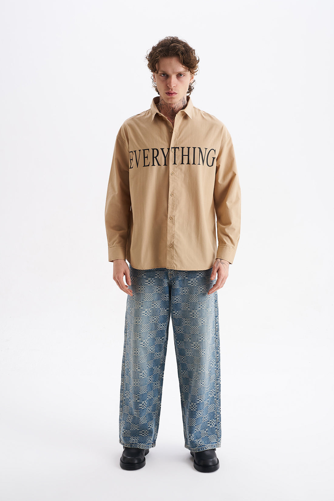 Poplin Kumaş, Rahat Kalıp Düşük Omuz, Erkek EVERYTHING Baskılı Gömlek, Men's Shirt