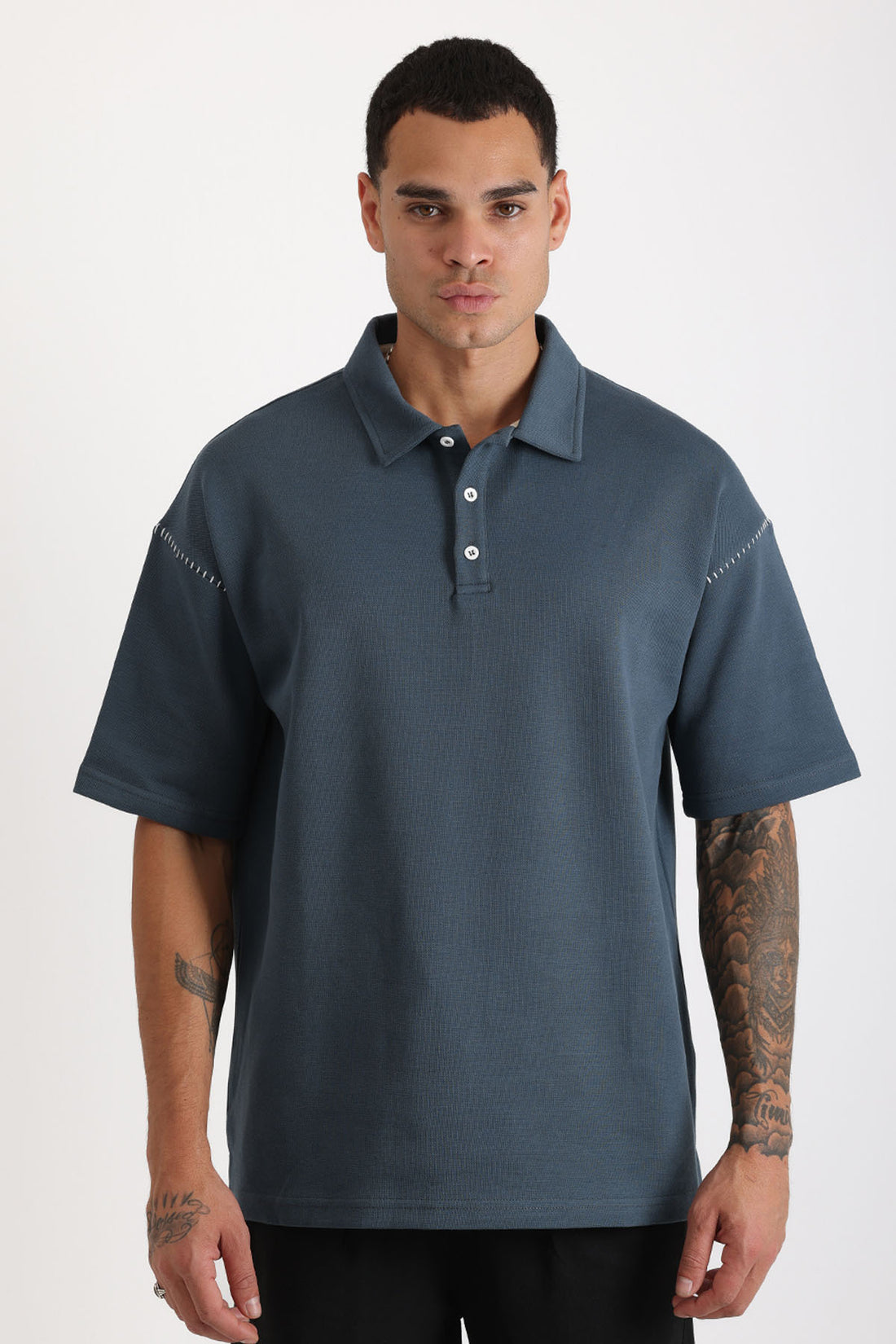 Omuz Çoban Dikiş Detaylı Double Pike Kumaş Loose Fit Erkek Polo Yaka Tişört