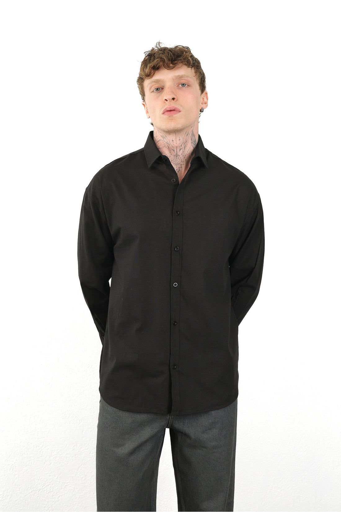 Keten Görünümlü %100 Pamuk Rahat Kalıp Düşük Omuz Erkek Sade Gömlek, Men's Plain Shirt