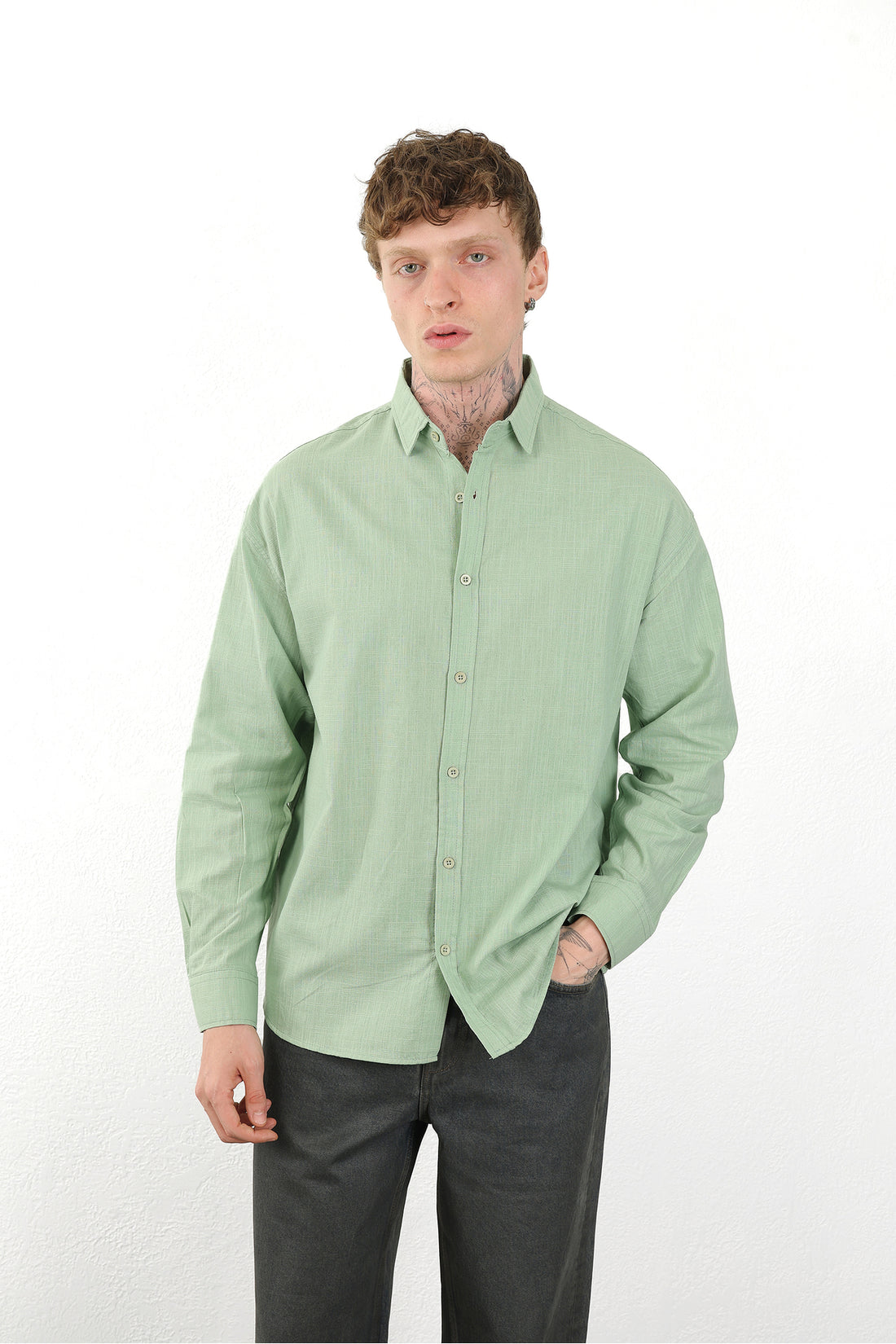 Keten Görünümlü %100 Pamuk Rahat Kalıp Düşük Omuz Erkek Sade Gömlek, Men's Plain Shirt
