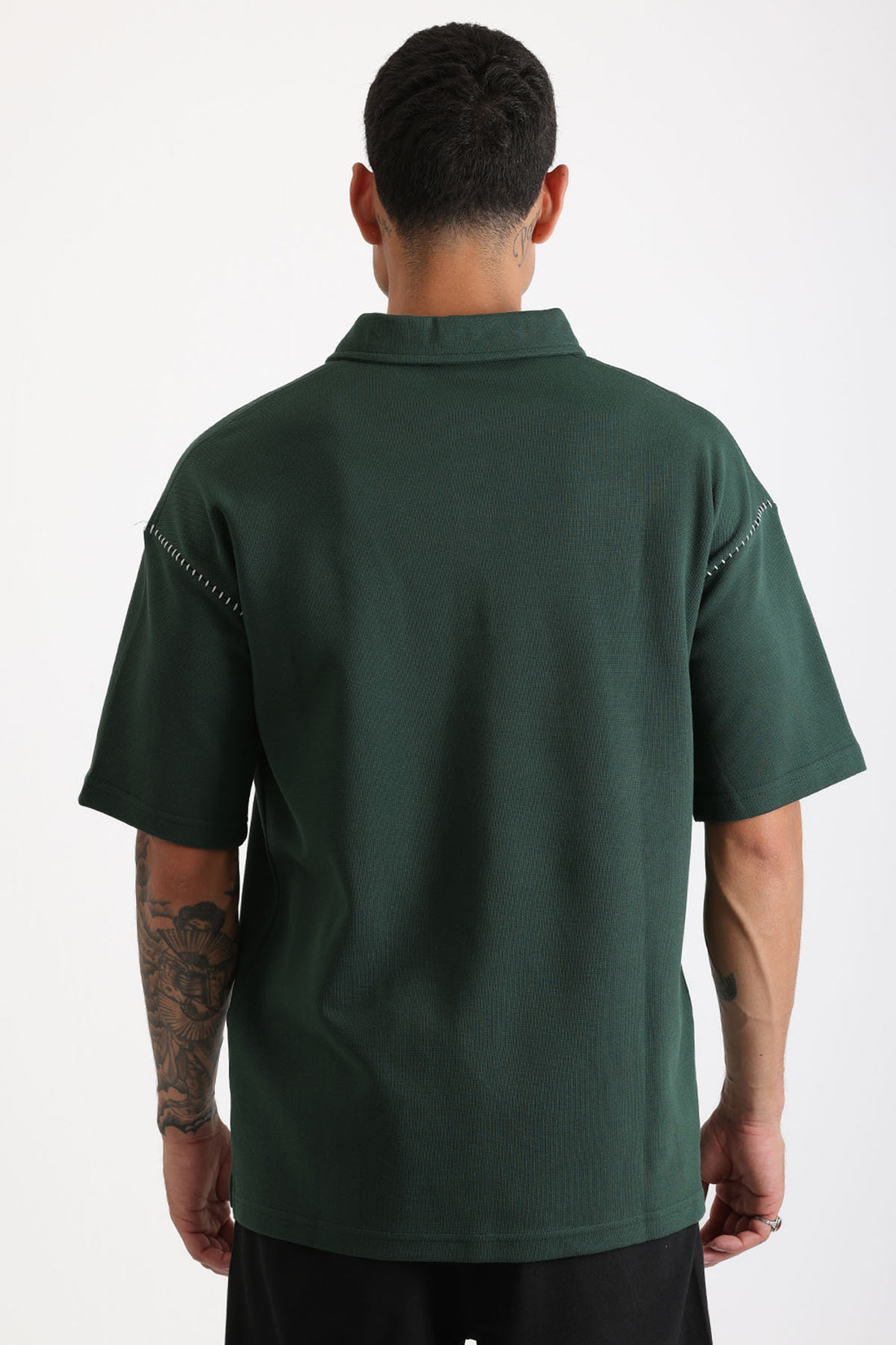 Omuz Çoban Dikiş Detaylı Double Pike Kumaş Loose Fit Erkek Polo Yaka Tişört