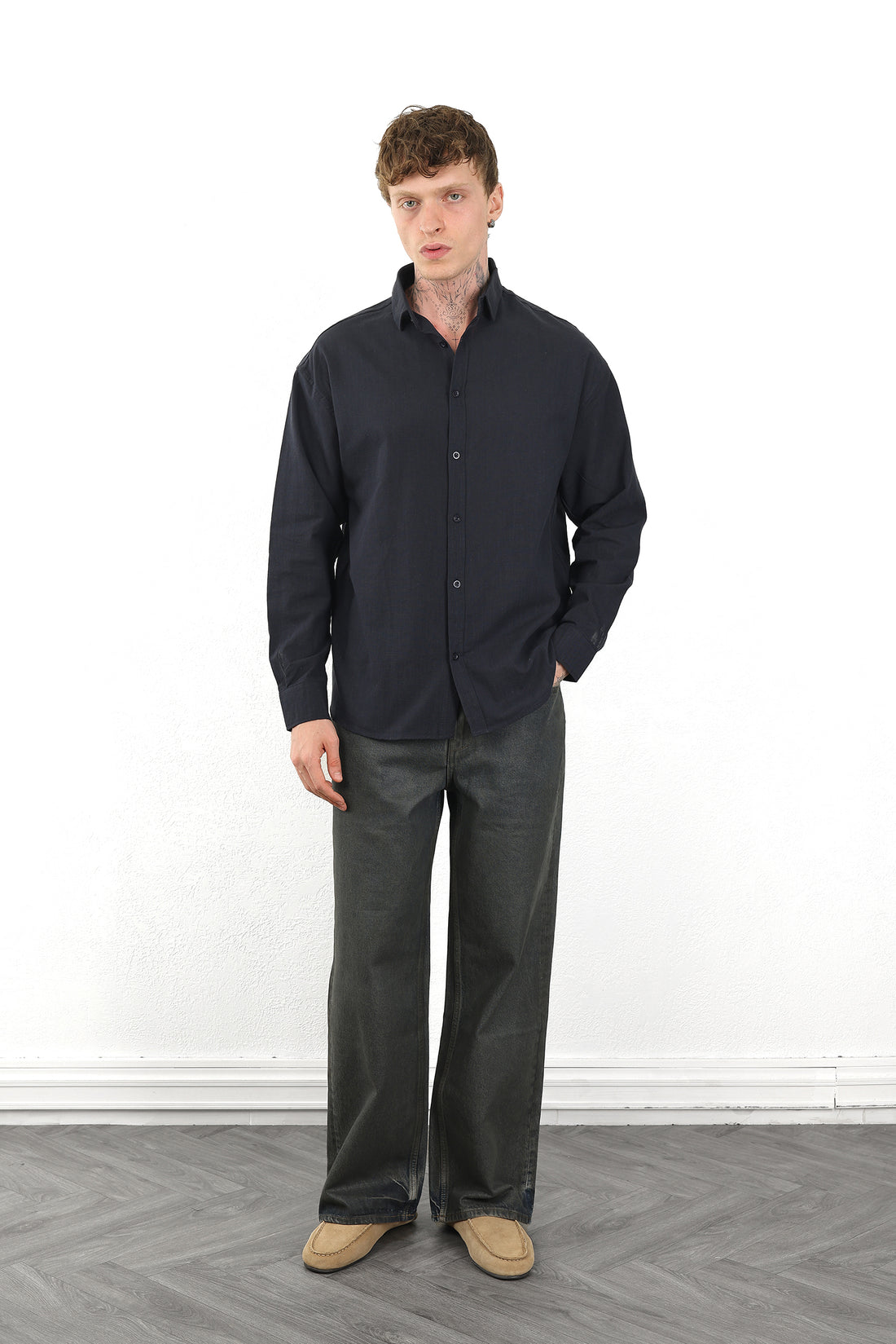 Keten Görünümlü %100 Pamuk Rahat Kalıp Düşük Omuz Erkek Sade Gömlek, Men's Plain Shirt