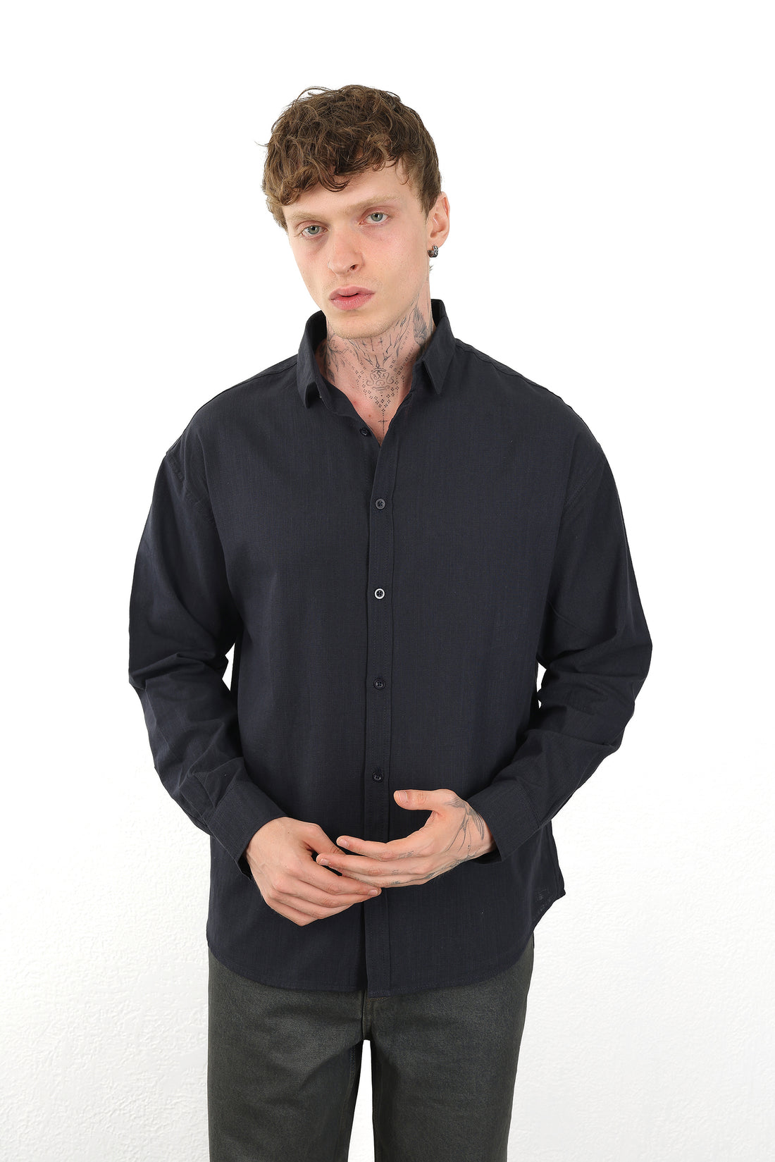 Keten Görünümlü %100 Pamuk Rahat Kalıp Düşük Omuz Erkek Sade Gömlek, Men's Plain Shirt