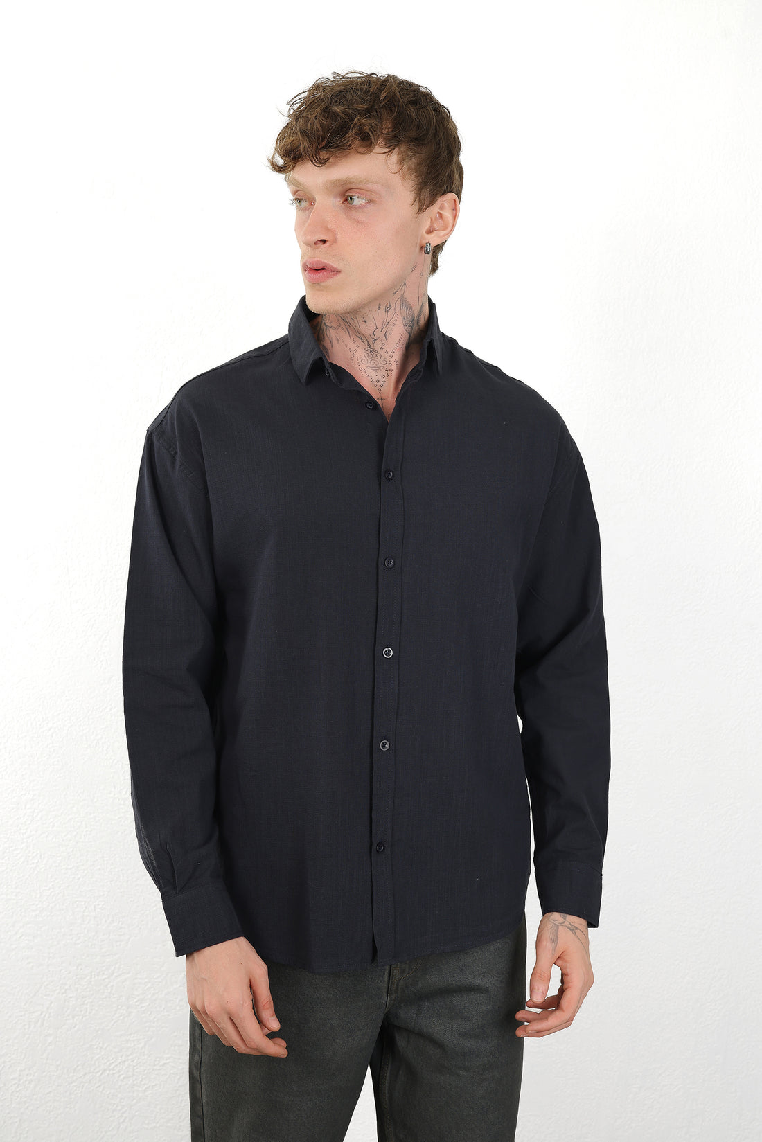 Keten Görünümlü %100 Pamuk Rahat Kalıp Düşük Omuz Erkek Sade Gömlek, Men's Plain Shirt